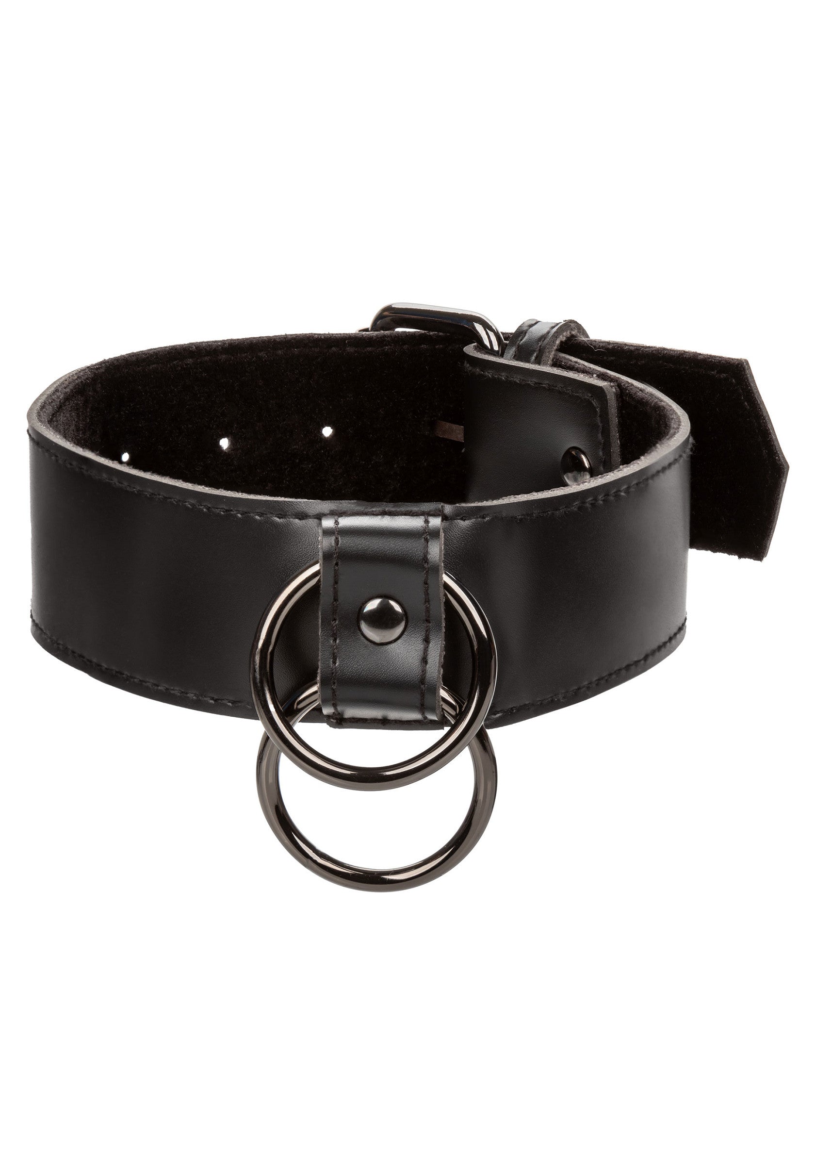 Collier en cuir noir avec anneaux métalliques. Accessoire de mode audacieux et élégant pour un look unique.; Zwarte leren halsband met metalen ringen. Een gedurfd en stijlvol modeaccessoire voor een unieke look.; Black leather collar with metal rings. A bold and stylish fashion accessory for a unique look.