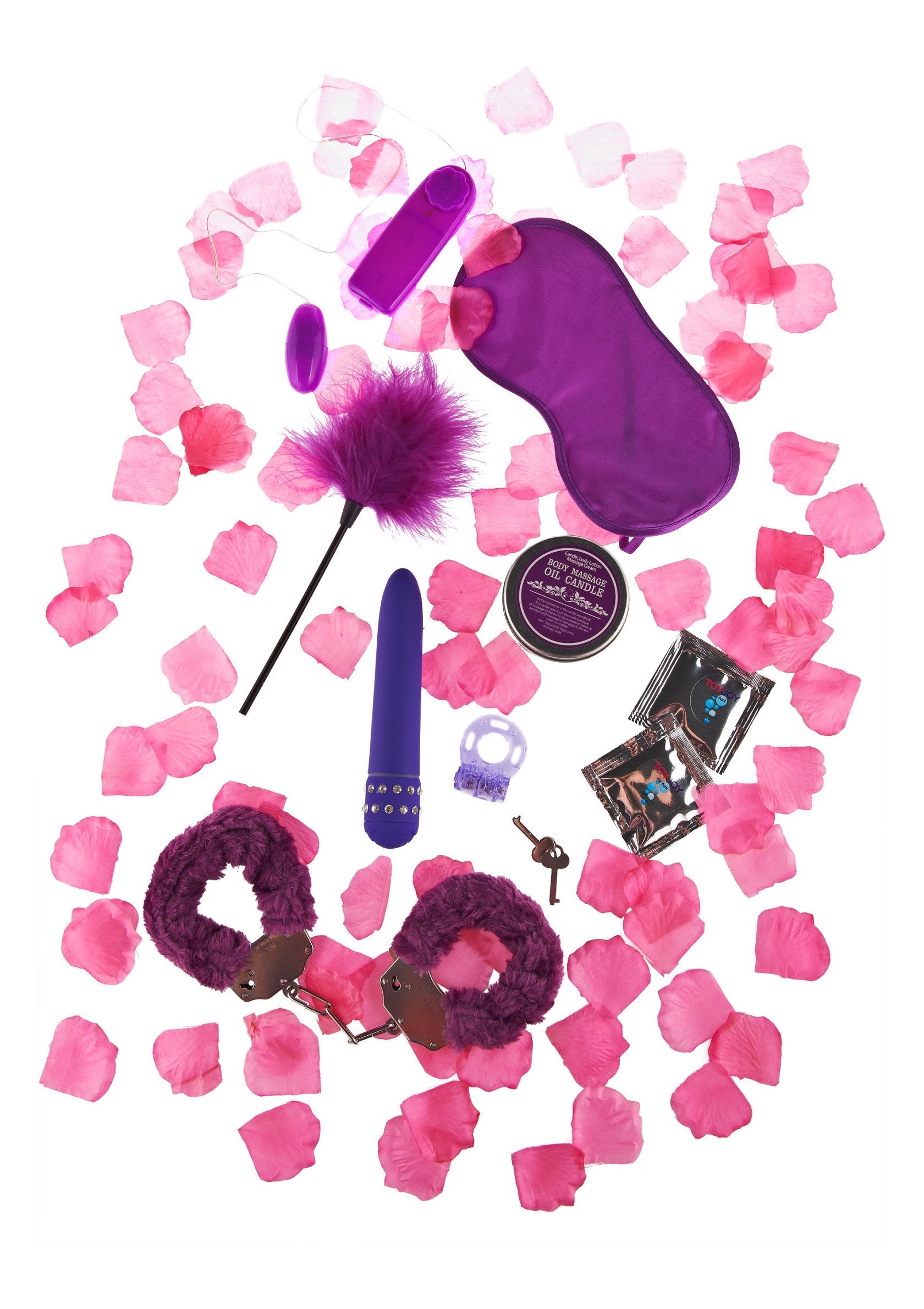 Kit d'accessoires coquins violet, parfait pour pimenter votre vie amoureuse. Comprend des vibromasseurs, un masque pour les yeux, etc.; Paarse ondeugende accessoireset, perfect om je liefdesleven op te fleuren. Inclusief vibrators, oogmasker en meer.; Purple naughty accessory kit, perfect for spicing up your love life. Includes vibrators, eye mask, and more.
