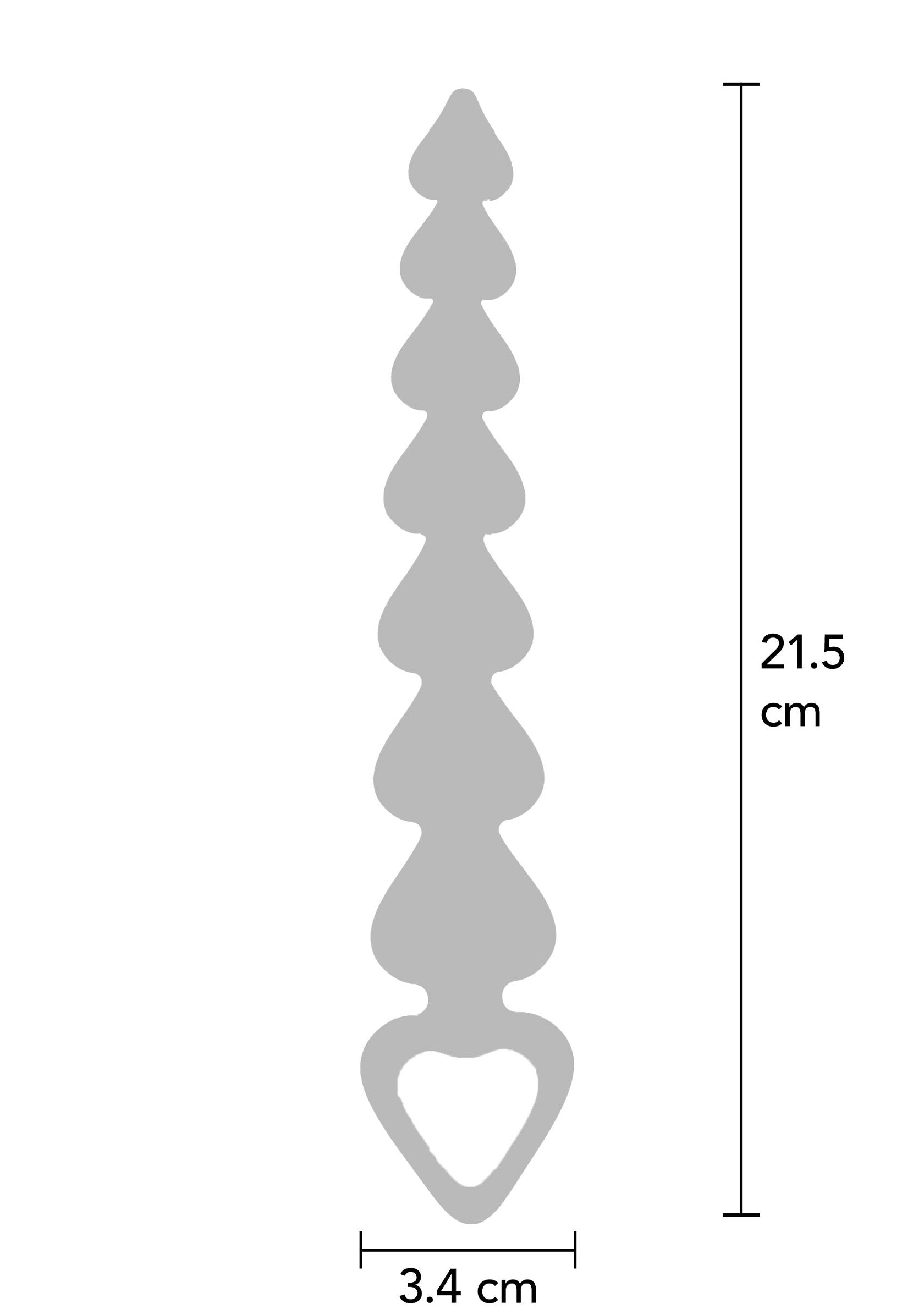 Plug anal progressif à billes en forme de cœur, dimensions: 21.5cm x 3.4cm.; Gegradueerde anale plug met hartvormige ballen, afmetingen: 21.5cm x 3.4cm.; Graduated anal plug with heart-shaped balls, dimensions: 21.5cm x 3.4cm.