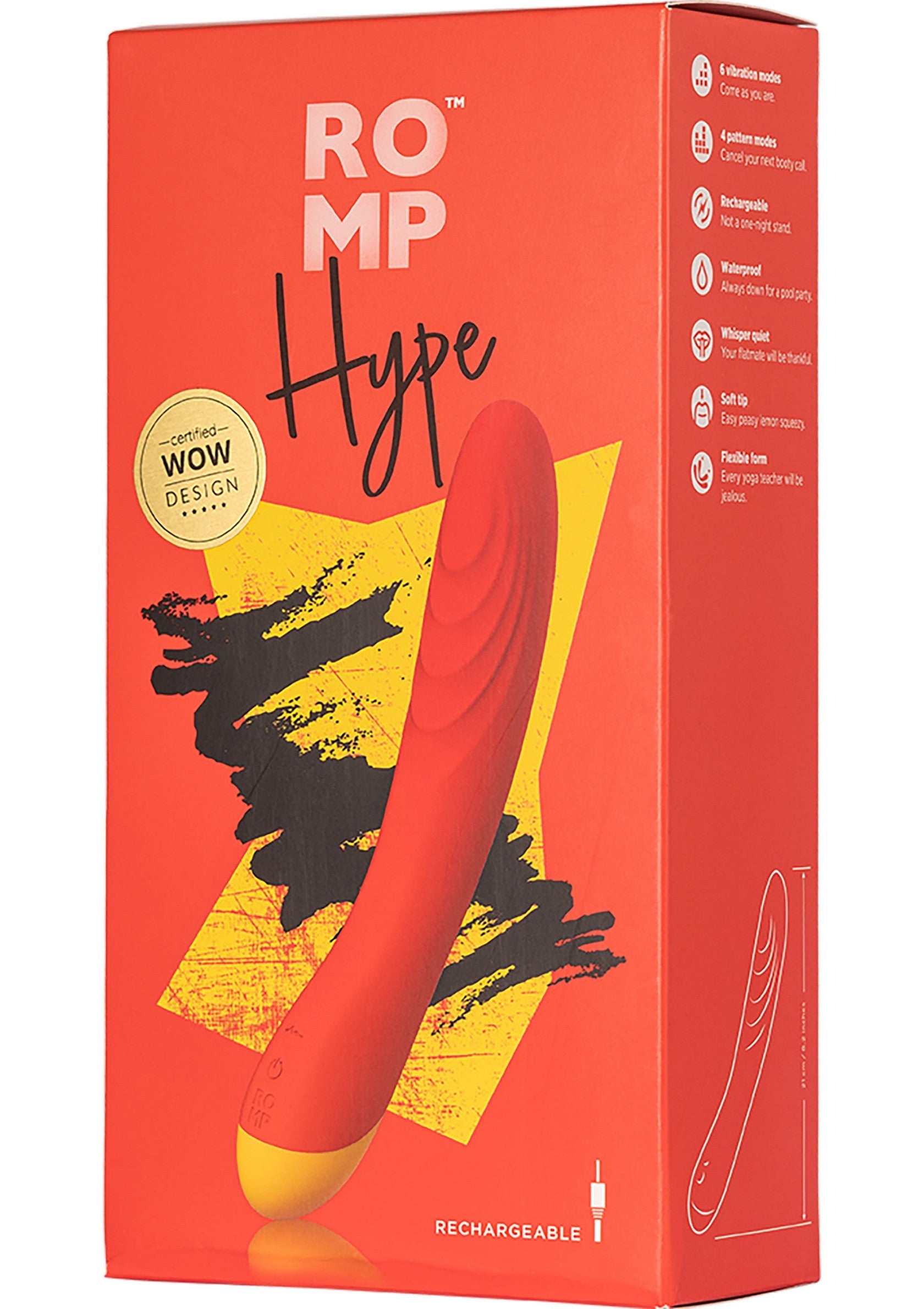 ROMP Hype vibromasseur rechargeable avec 6 modes de vibration et 4 motifs, orange et jaune.; ROMP Hype oplaadbare vibrator met 6 vibratiestanden en 4 patronen, oranje en geel.; ROMP Hype rechargeable vibrator with 6 vibration modes and 4 patterns, orange and yellow.