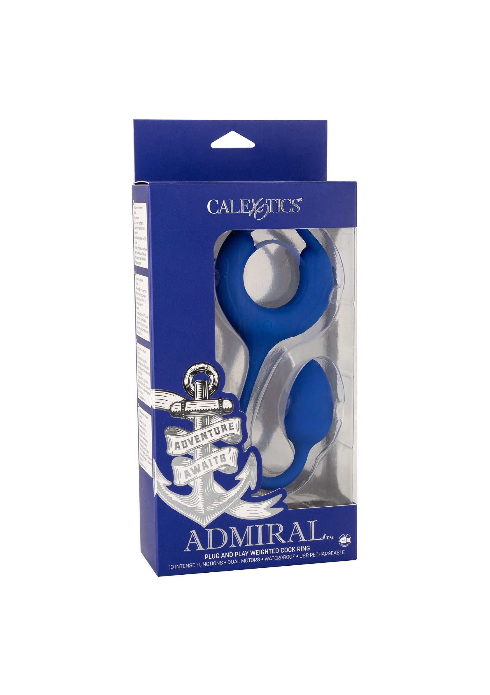 CalExotics Admiral : plug anal et anneau pénien lesté bleus, pour une aventure coquine garantie. ; CalExotics Admiral: blauwe anale plug en verzwaarde penisring voor een gegarandeerd ondeugend avontuur.; CalExotics Admiral: Blue anal plug and weighted cock ring for a guaranteed naughty adventure.