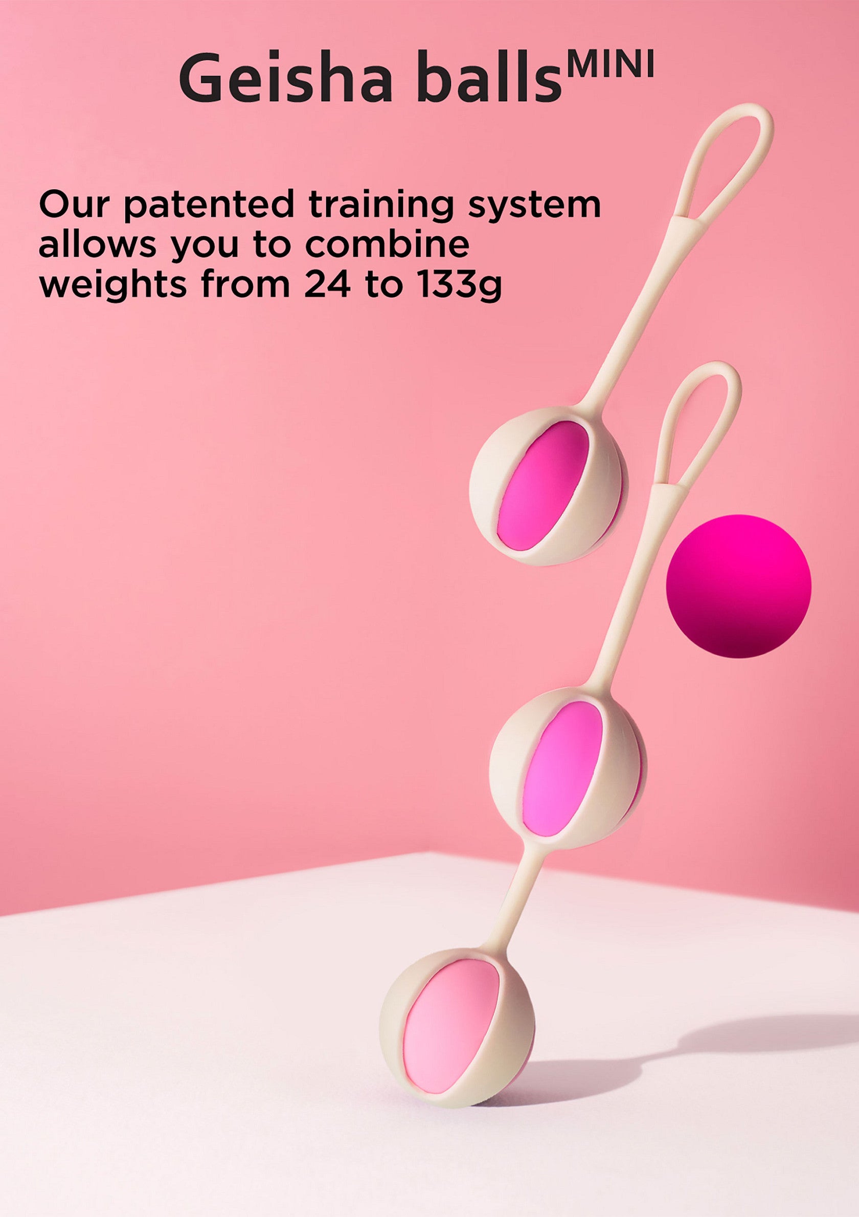 Geisha balls mini, système d'entraînement breveté pour combiner des poids de 24 à 133g pour renforcer les muscles du plancher pelvien.; Geisha balls mini, gepatenteerd trainingssysteem om gewichten van 24 tot 133g te combineren om de bekkenbodemspieren te versterken.; Geisha balls mini, patented training system to combine weights from 24 to 133g to strengthen pelvic floor muscles.