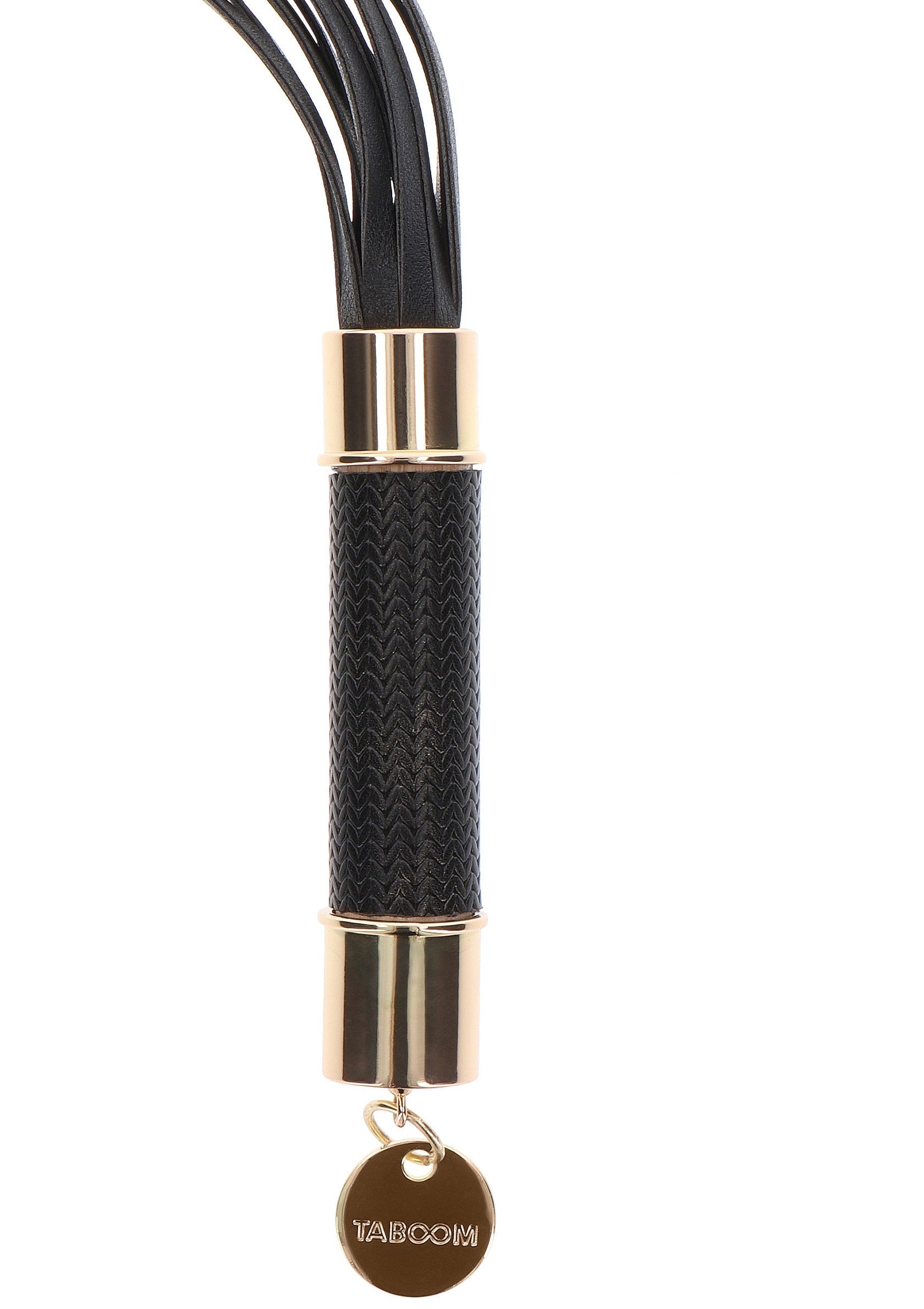 Cravache noire Taboom avec détails dorés pour jeux coquins et BDSM.; Zwarte Taboom zweep met gouden details voor ondeugende spelletjes en BDSM.; Black Taboom flogger with gold details for kinky games and BDSM.