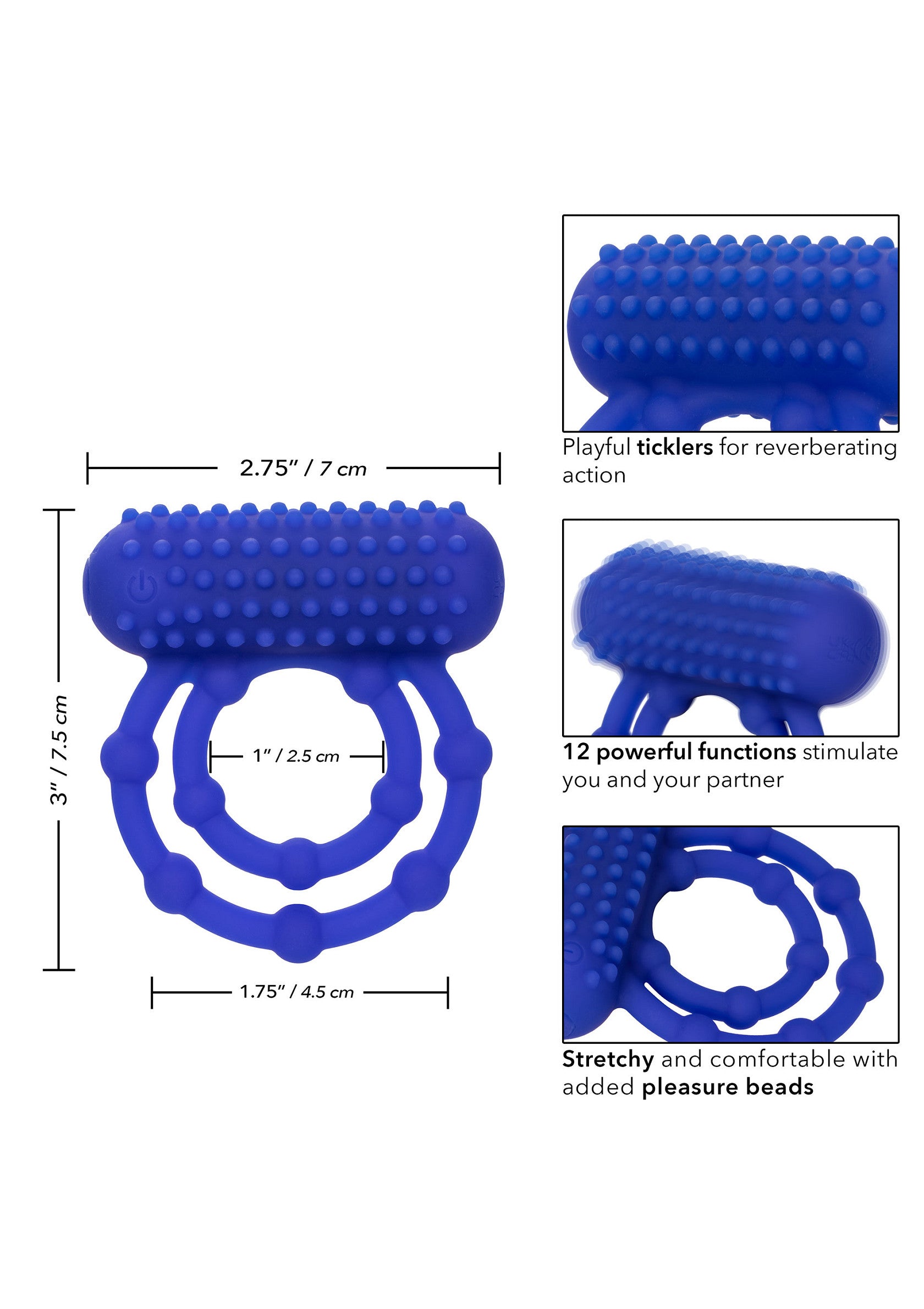 Anneau vibrant texturé bleu pour pénis. Stimulez vous et votre partenaire. Divertissement garanti!; Blauwe vibrerende penisring met textuur. Stimuleer uzelf en uw partner. Gegarandeerd plezier!; Blue textured vibrating penis ring. Stimulate yourself and your partner. Guaranteed fun!