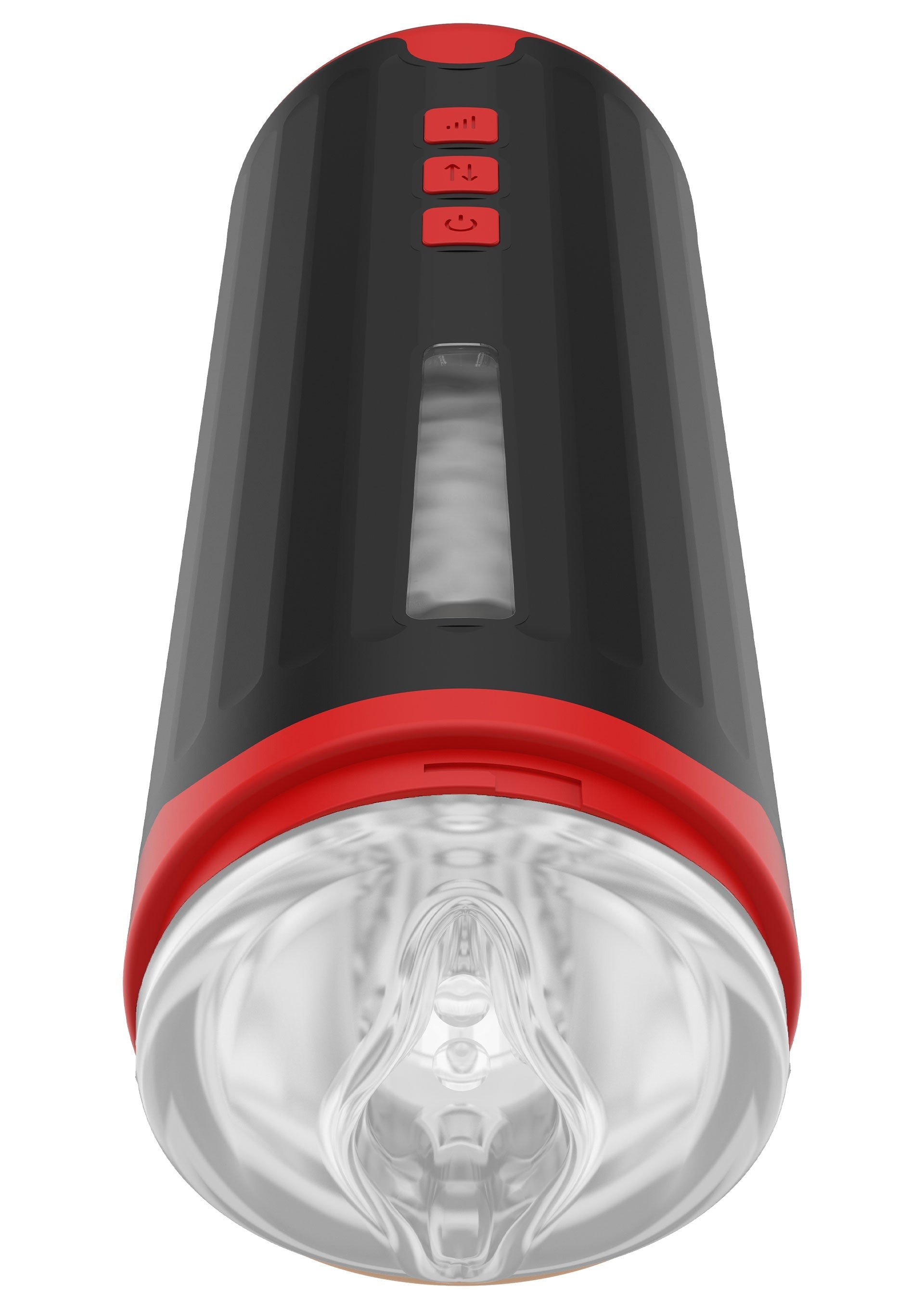 Manchon de masturbation texturé noir et rouge pour une expérience sensorielle intense. Découvrez des sensations uniques !; Zwart-rode getextureerde masturbatorhuls voor een intense sensorische ervaring. Ontdek unieke sensaties!; Black and red textured masturbator sleeve for an intense sensory experience. Discover unique sensations!