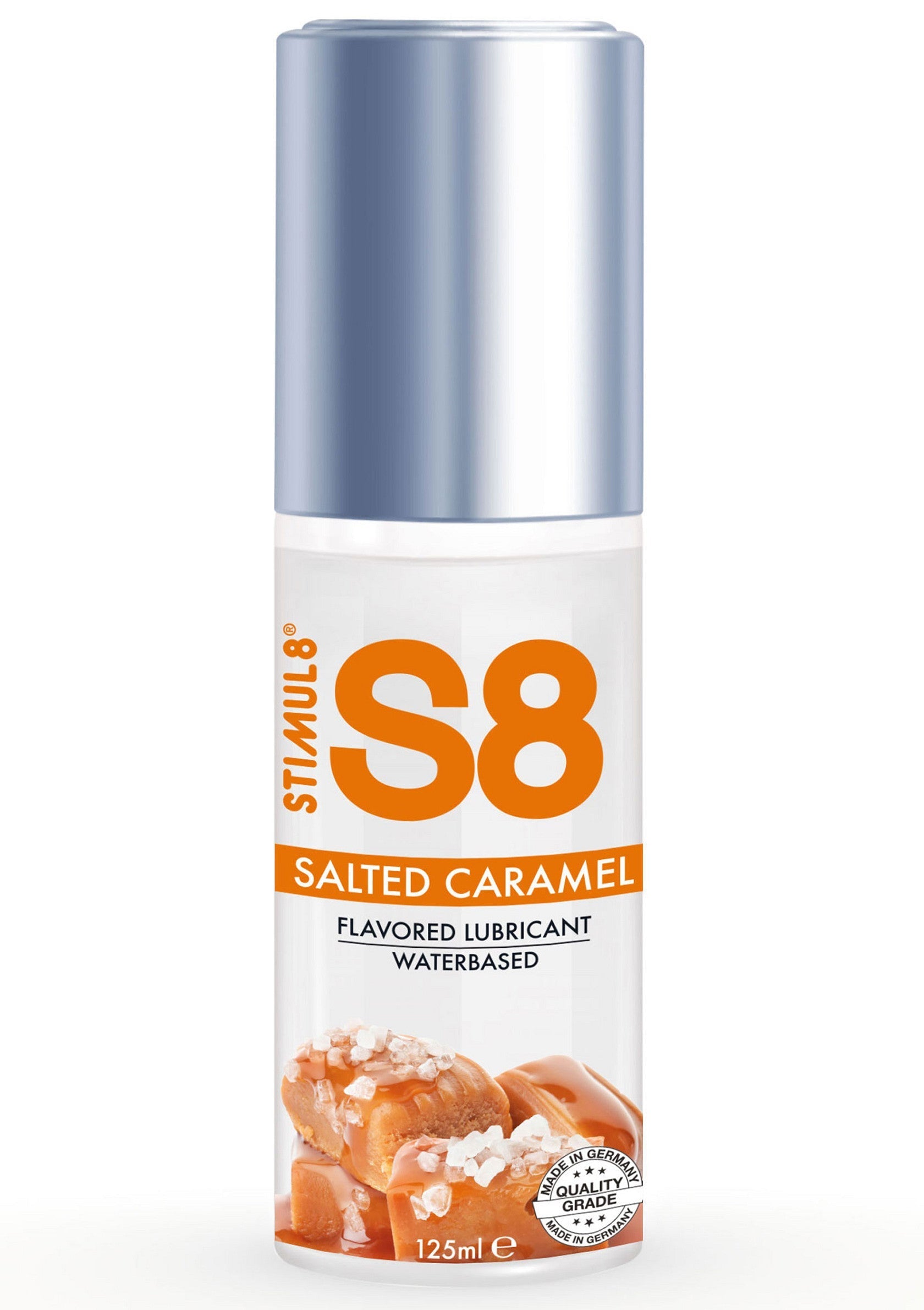 Lubrifiant à base d'eau S8 Caramel Salé pour plus de plaisir. Goût délicieux et glisse parfaite!; S8 Salted Caramel glijmiddel op waterbasis voor meer plezier. Heerlijke smaak en perfecte glij!; S8 Salted Caramel water-based lubricant for extra pleasure. Delicious taste and perfect glide!