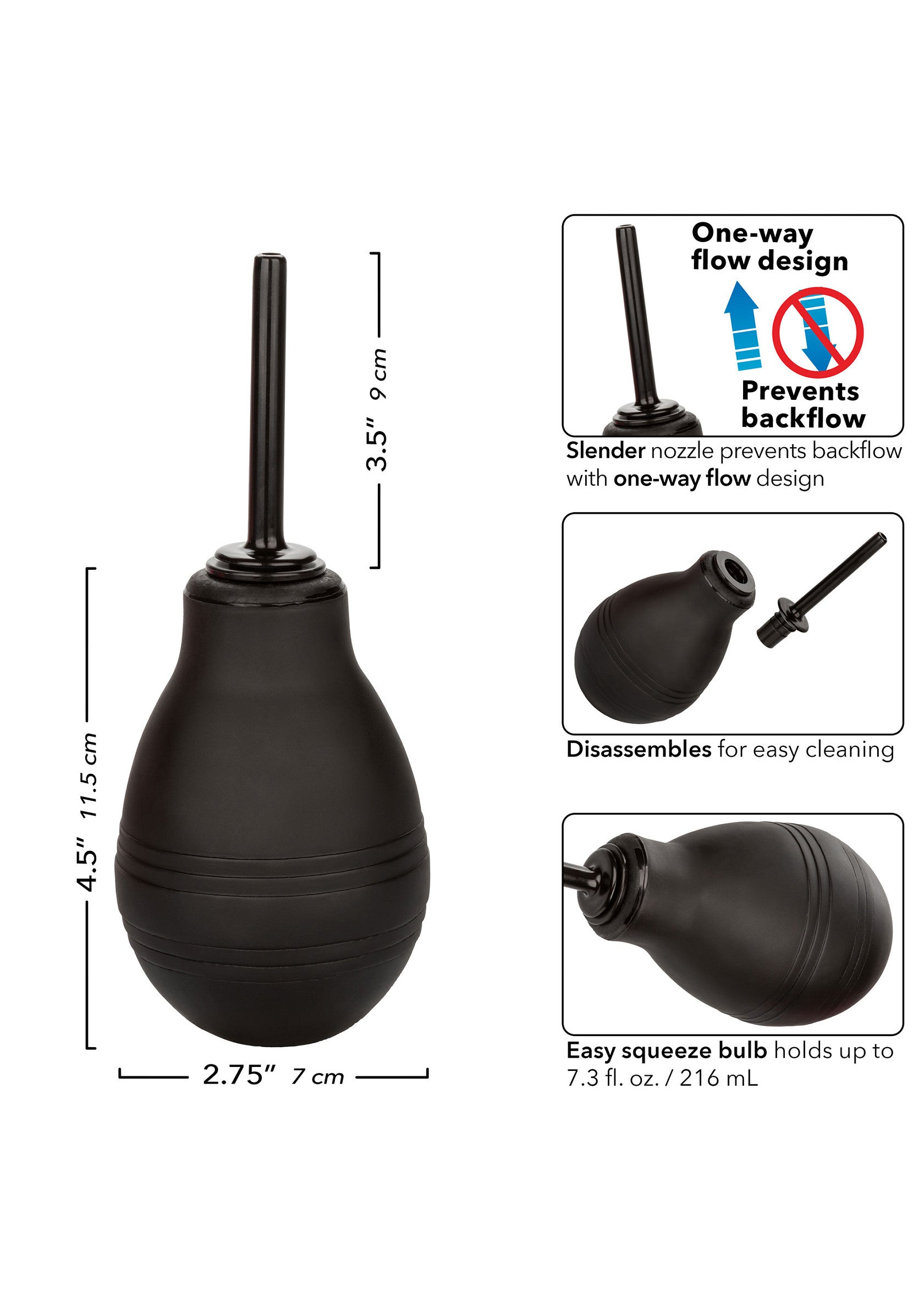 Poire à lavement noire, facile à nettoyer, avec valve anti-reflux et réservoir de 216 ml.; Zwarte klysma peer, makkelijk schoon te maken, met terugslagklep en reservoir van 216 ml.; Black enema bulb, easy to clean, with backflow valve and 216 ml reservoir.