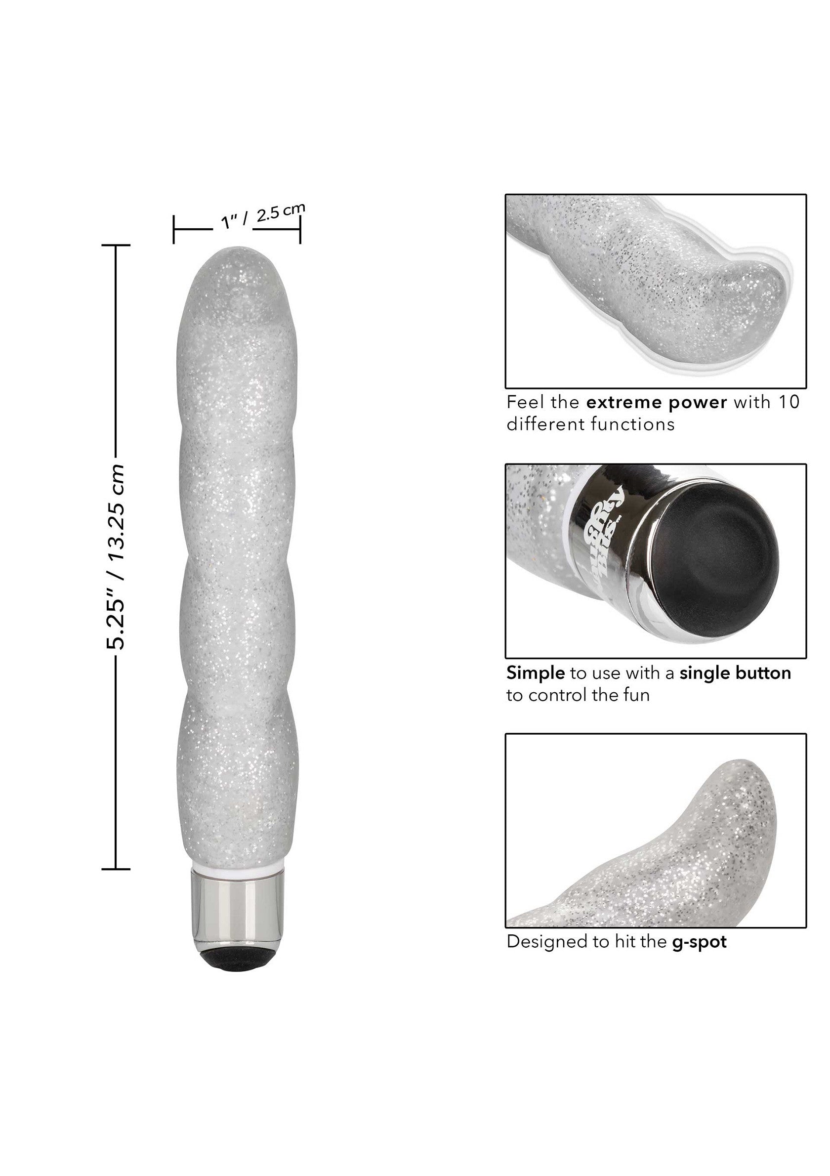 Vibromasseur argenté avec 10 fonctions et un bouton unique pour un contrôle facile. Conçu pour le point G.; Zilveren vibrator met 10 functies en één knop voor eenvoudige bediening. Ontworpen om de G-spot te raken.; Silver vibrator with 10 functions and one button for easy control. Designed to hit the G-spot.