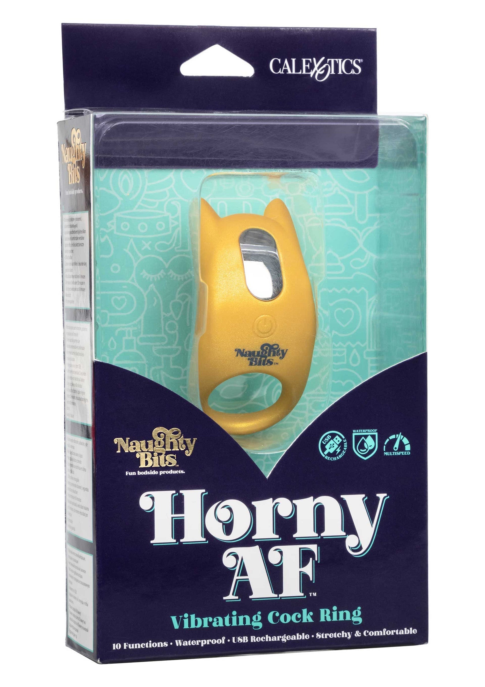 Anneau pénien vibrant Horny AF de Naughty Bits. 10 fonctions, étanche et rechargeable par USB.; Naughty Bits Horny AF vibrerende penisring. 10 functies, waterdicht en USB-oplaadbaar.; Naughty Bits Horny AF vibrating cock ring. 10 functions, waterproof, and USB rechargeable.