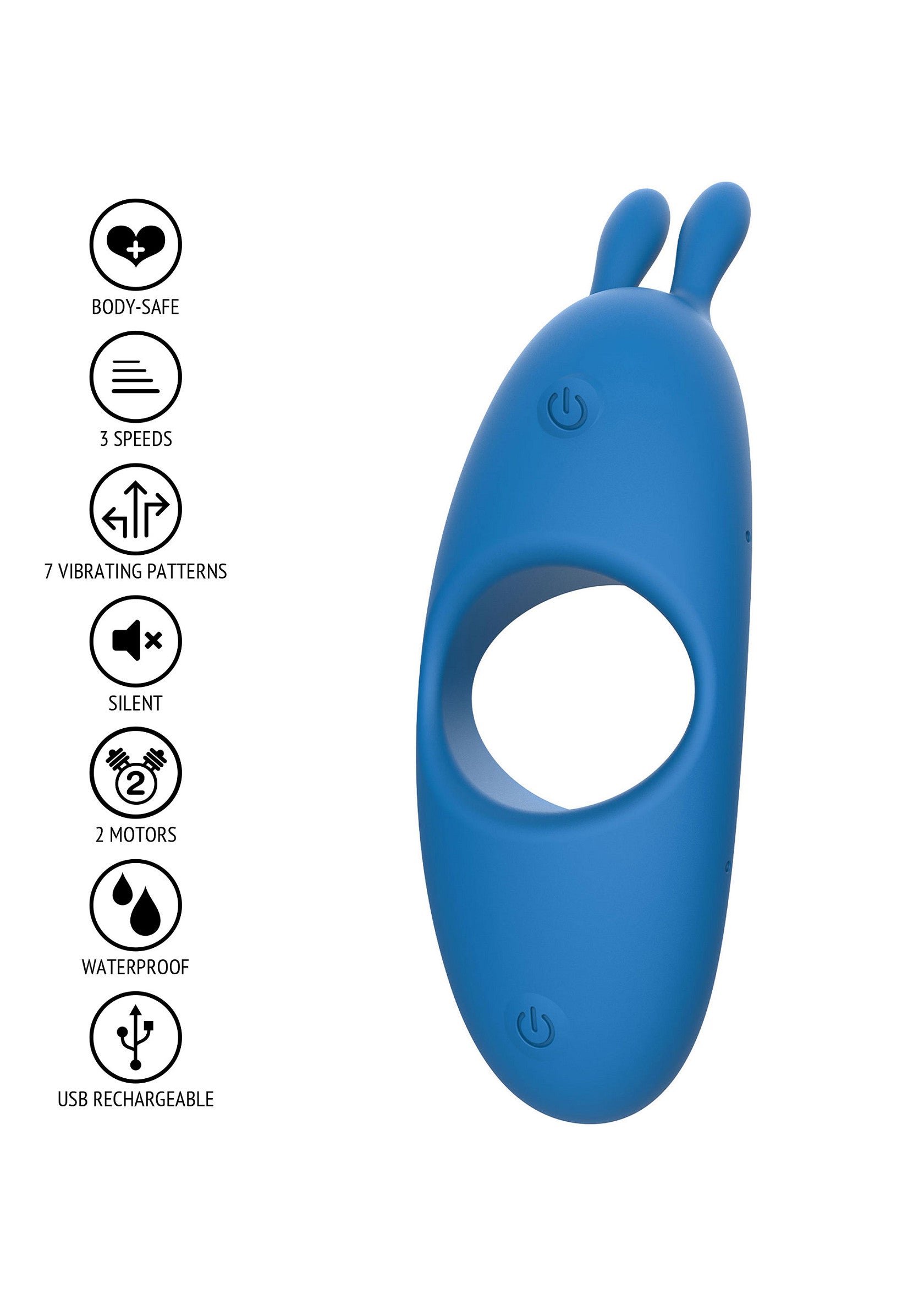 Anneau vibrant bleu en forme de lapin. 3 vitesses, 7 modes de vibration. Rechargeable USB.; Blauwe vibrerende ring in de vorm van een konijn. 3 snelheden, 7 vibratiemodi. USB oplaadbaar.; Blue vibrating ring in the shape of a rabbit. 3 speeds, 7 vibration patterns. USB rechargeable.