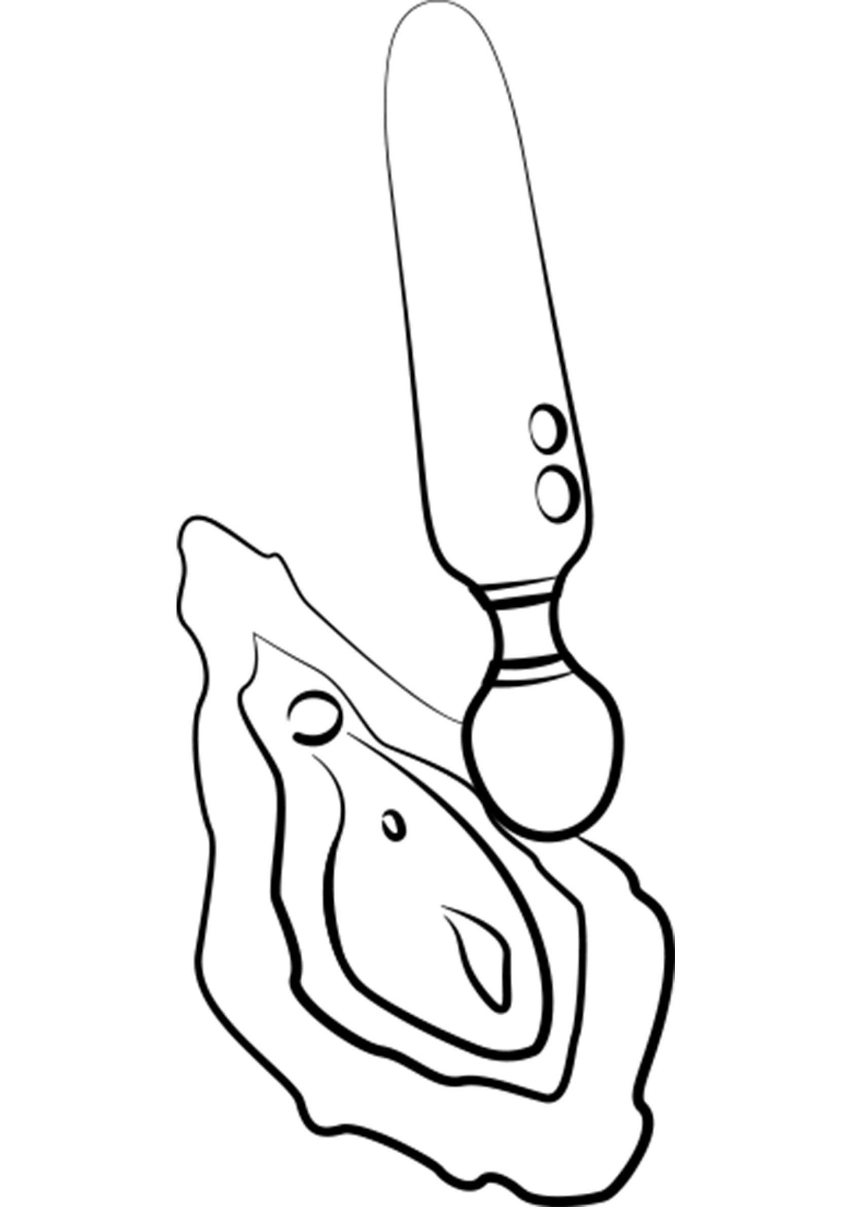 Illustration d'une huître ouverte avec un couteau à huître. Ustensile de cuisine idéal pour les amateurs de fruits de mer.; Illustratie van een geopende oester met een oestermes. Ideaal keukengerei voor liefhebbers van zeevruchten.; Illustration of an open oyster with an oyster knife. Ideal kitchenware for seafood lovers.