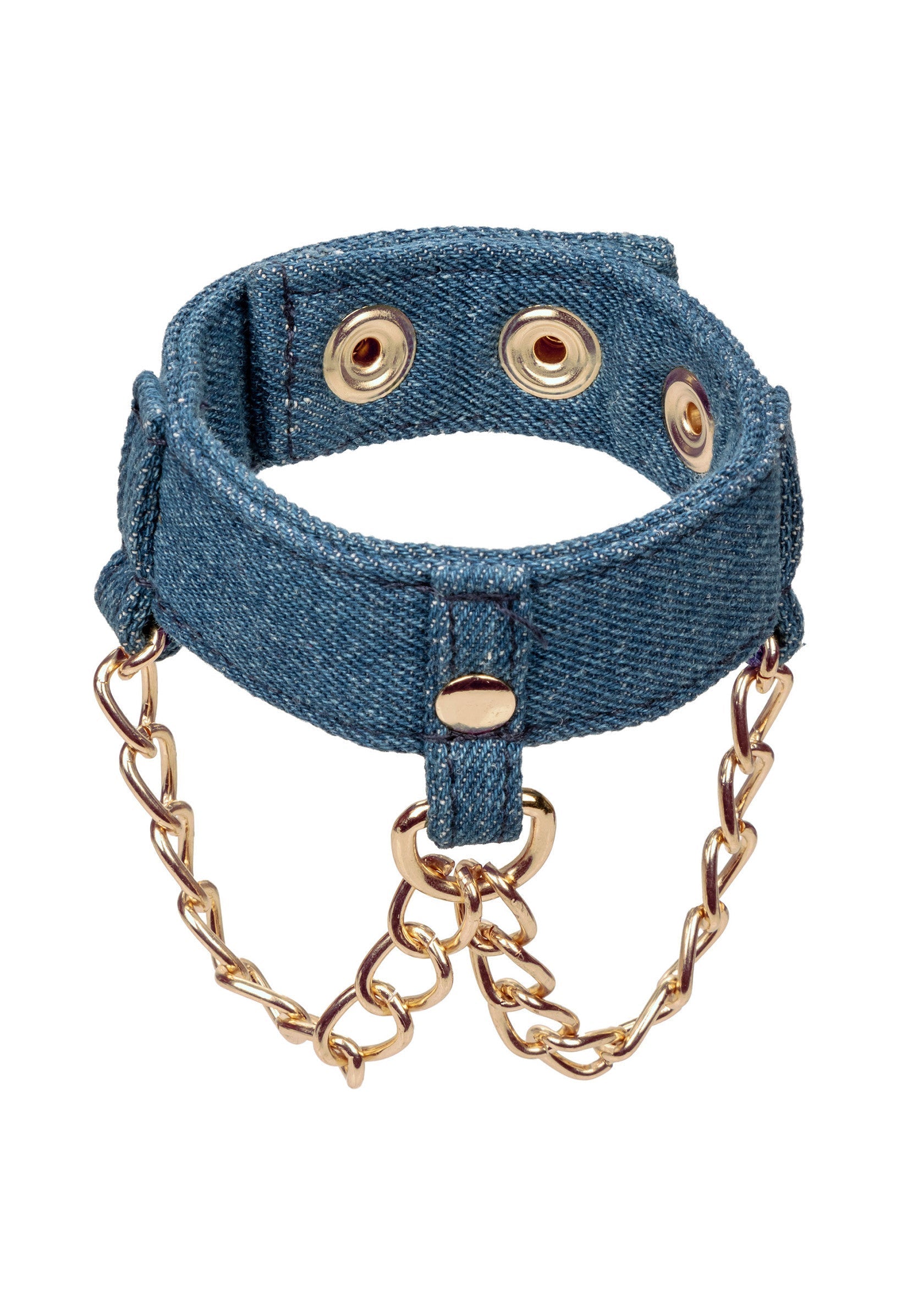 Ras de cou en jean avec chaînes dorées. Accessoire de mode tendance et original pour un style unique.; Denim choker met gouden kettingen. Trendy en origineel modeaccessoire voor een unieke stijl.; Denim choker with gold chains. Trendy and unique fashion accessory for a unique style.