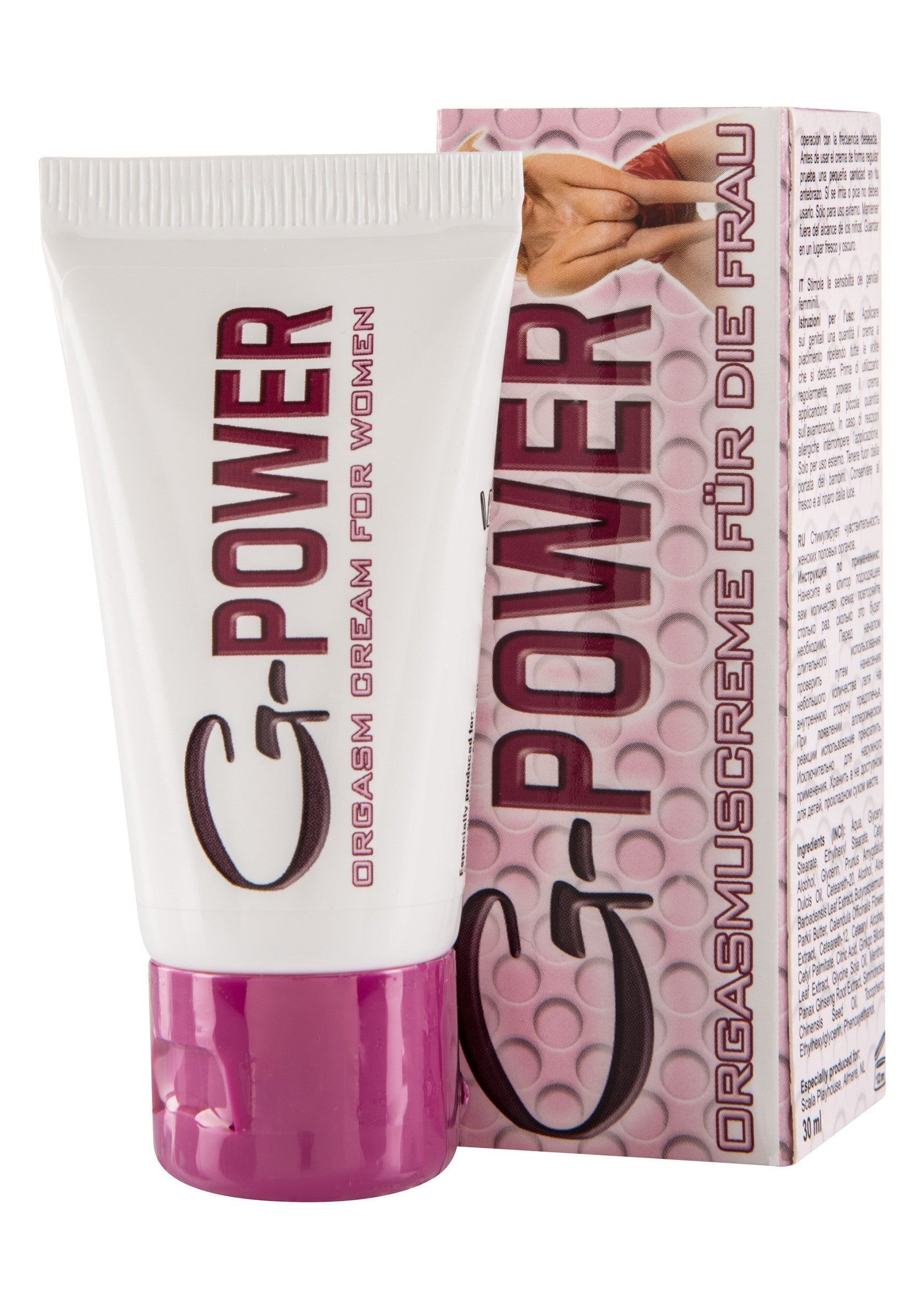 G-Power Orgasmuscreme für die Frau pour femmes. Crème plaisir pour améliorer le plaisir féminin.; G-Power Orgasmuscreme für die Frau voor vrouwen. Pleziercrème ter verbetering van het vrouwelijk genot.; G-Power Orgasmuscreme für die Frau for women. Pleasure cream to enhance female pleasure.