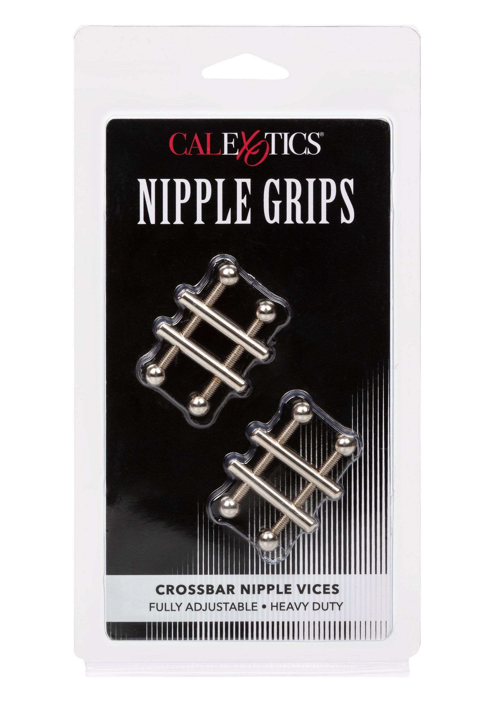 Pinces à tétons CalExotics Crossbar : entièrement réglables et résistantes pour un plaisir intense.; CalExotics Crossbar tepelklemmen: volledig verstelbaar en heavy-duty voor intens plezier.; CalExotics Crossbar nipple clamps: fully adjustable and heavy duty for intense pleasure.