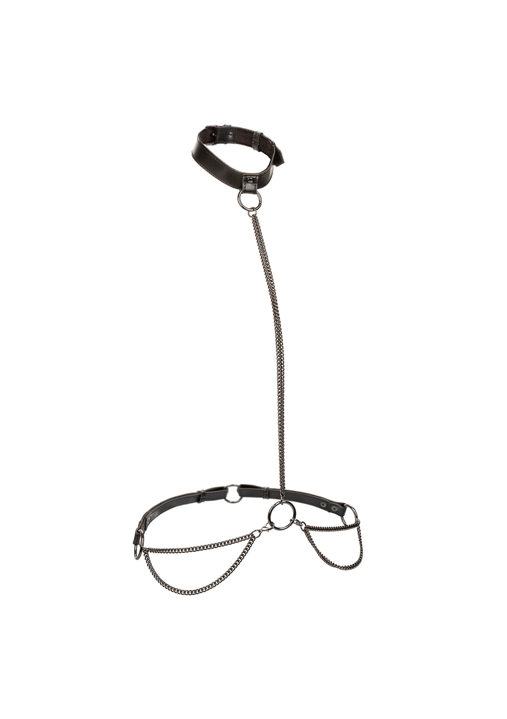 Harnais de corps noir avec chaîne, accessoire de mode audacieux et élégant.; Zwart body harnas met ketting, een gewaagde en stijlvolle fashion accessoire.; Black body harness with chain, a bold and stylish fashion accessory.