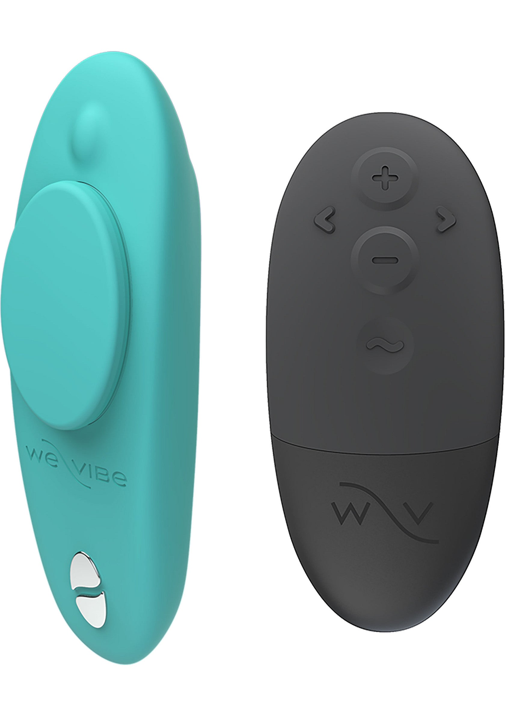 We-Vibe Tango X : vibromasseur turquoise et sa télécommande noire pour une expérience plaisir intense et personnalisée.; We-Vibe Tango X: turquoise vibrator met zwarte afstandsbediening voor een intense en persoonlijke genotervaring.; We-Vibe Tango X: turquoise vibrator and black remote control for an intense and personalized pleasure experience.
