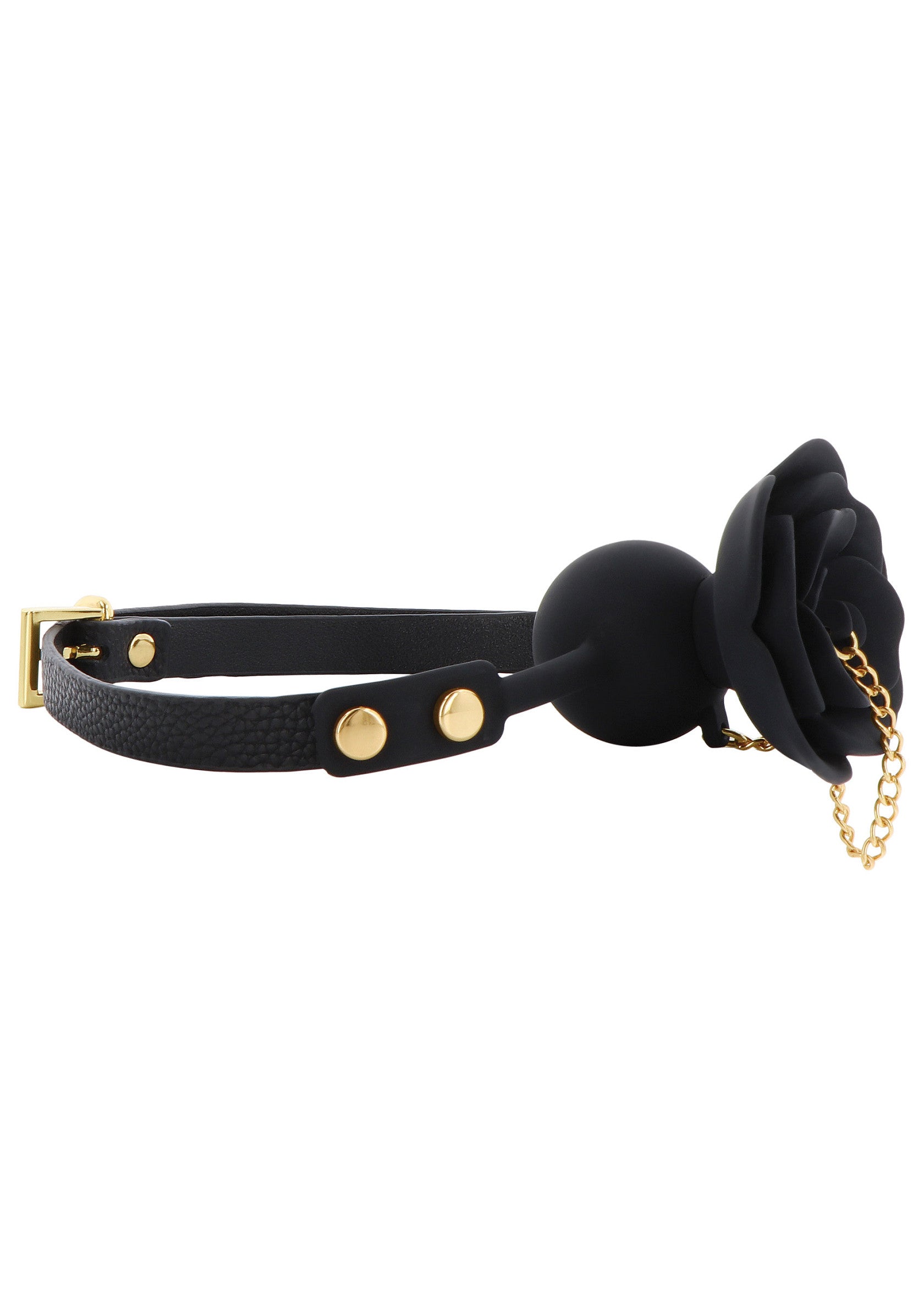 Gag rose en cuir noir avec chaîne dorée. Accessoire érotique de luxe pour un plaisir intense.; Zwarte leren rozenknevel met gouden ketting. Luxe erotisch accessoire voor intens genot.; Black leather rose gag with gold chain. Luxury erotic accessory for intense pleasure.