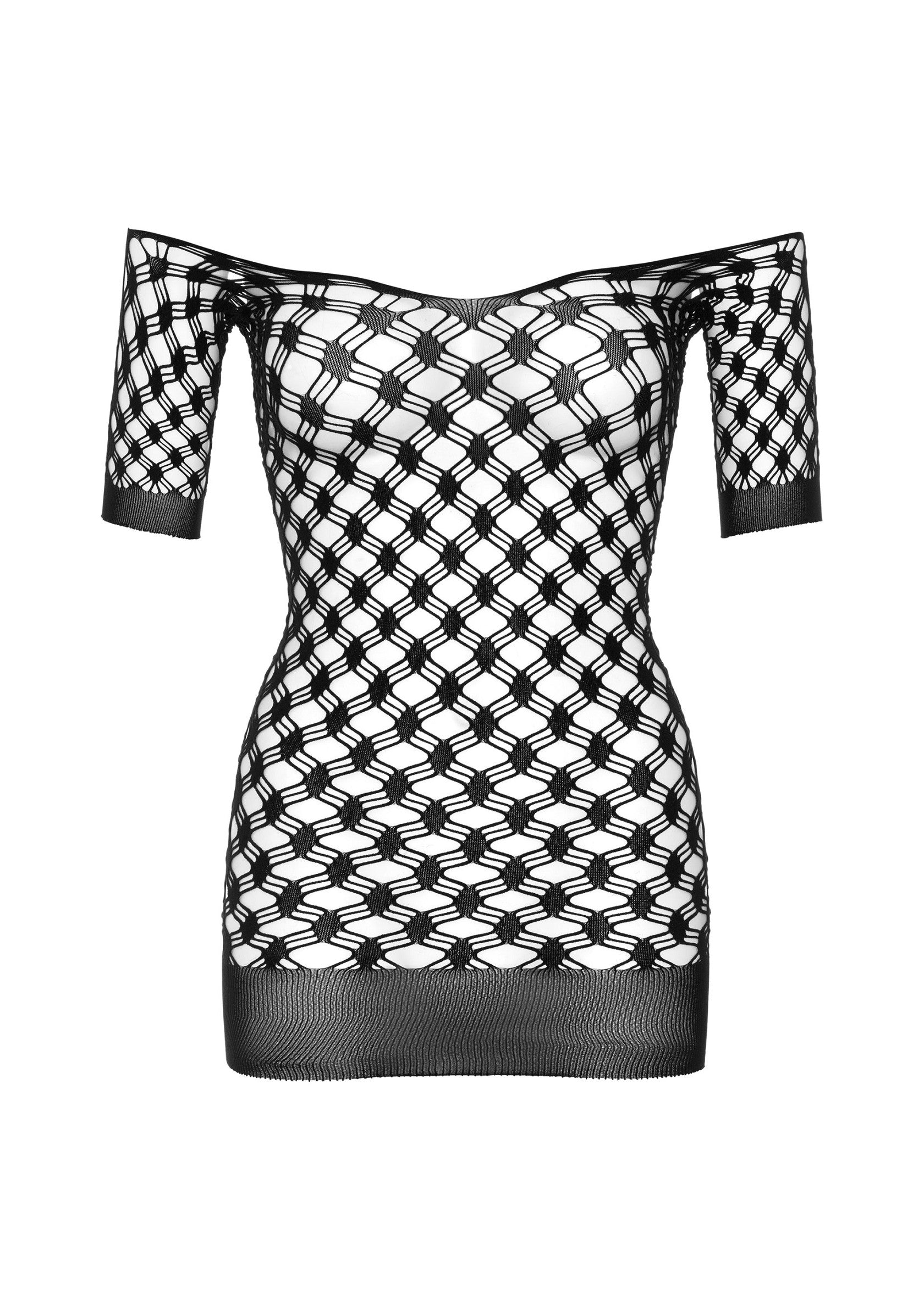 Mini-robe en maille noire, épaules dénudées. Sexy et audacieuse!; Zwarte mesh mini-jurk met blote schouders. Sexy en gewaagd!; Black mesh mini dress with off the shoulder design. Sexy and daring!