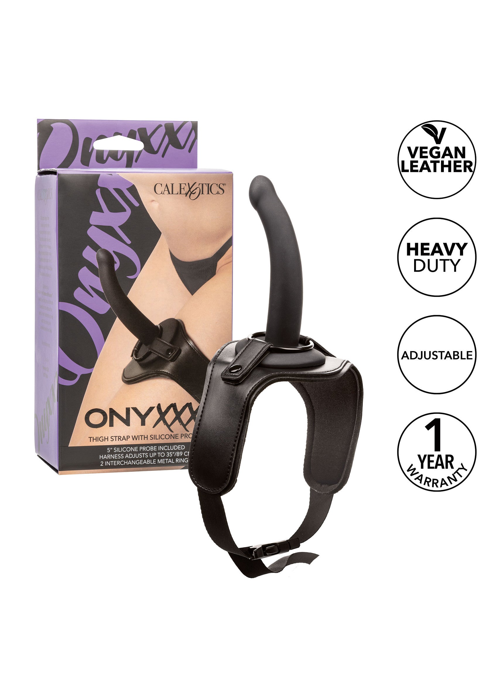 Harnais de cuisse Onyxxx avec gode en silicone. Cuir vegan, robuste et ajustable. Garantie 1 an.; Onyxxx dijharnas met siliconen dildo. Veganistisch leer, robuust en verstelbaar. 1 jaar garantie.; Onyxxx thigh harness with silicone dildo. Vegan leather, heavy duty, and adjustable. 1-year warranty.