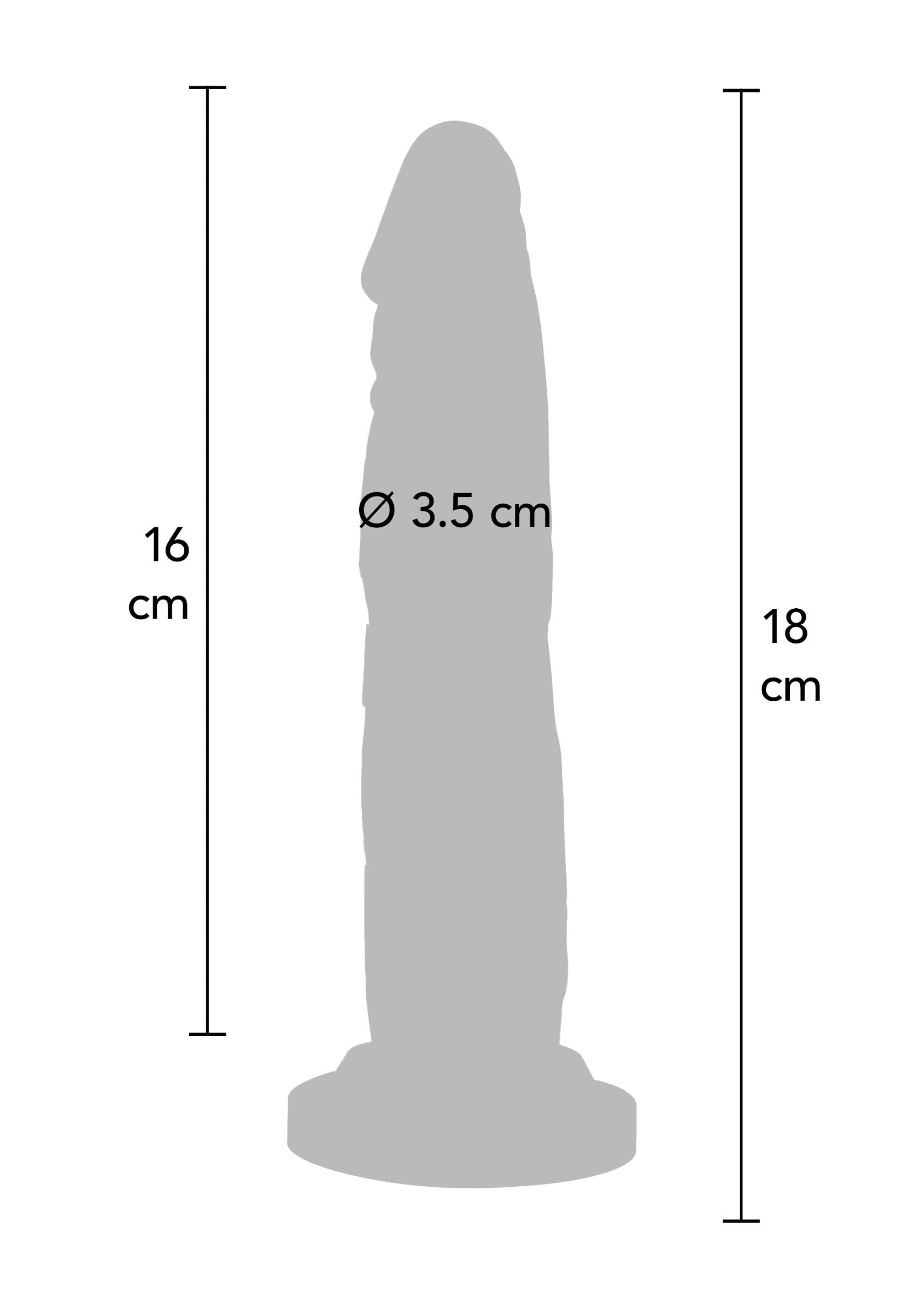 Dildo gris avec dimensions: Longueur insertion 16cm, Longueur totale 18cm, Diamètre 3.5cm. Jouet pour adultes.; Grijze dildo met afmetingen: Inbrenglengte 16cm, Totale lengte 18cm, Diameter 3.5cm. Volwassen speeltje.; Grey dildo with dimensions: Insertable Length 16cm, Total Length 18cm, Diameter 3.5cm. Adult toy.