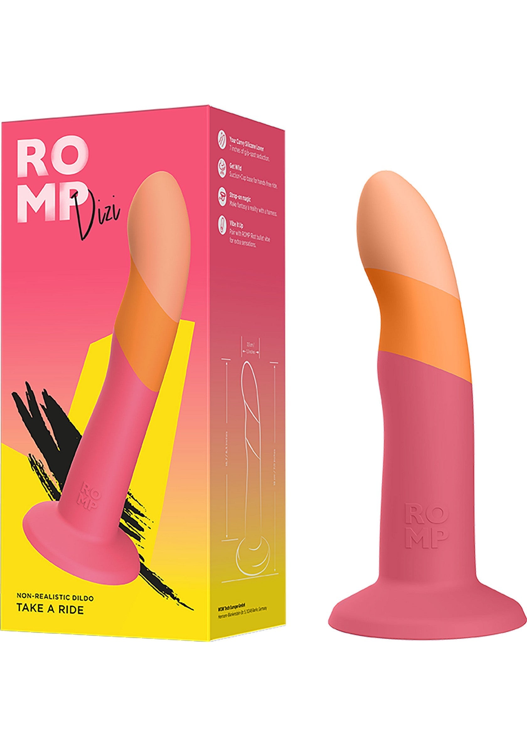 Gode Romp Dizi rose et orange. Explorez le plaisir avec ce jouet vibrant et coloré pour adultes. Conception confortable.; Roze en oranje Romp Dizi dildo. Ontdek plezier met dit levendige, kleurrijke speeltje voor volwassenen. Comfortabel ontwerp.; Pink and orange Romp Dizi dildo. Explore pleasure with this vibrant, colorful adult toy. Comfortable design.
