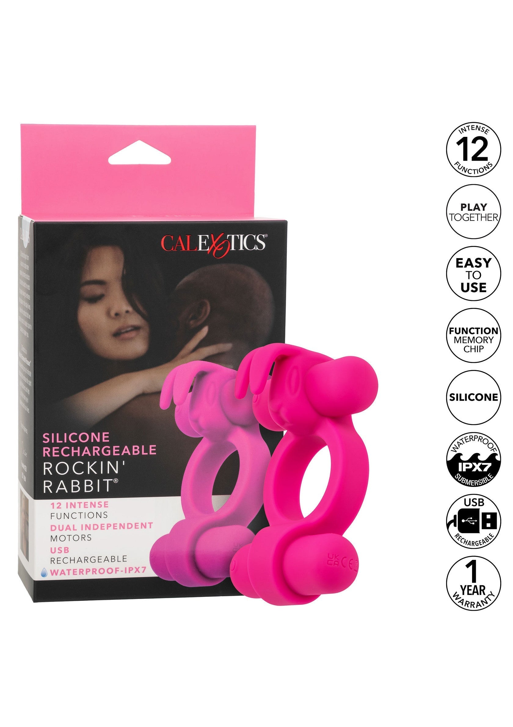 Anneaux vibrants Rockin' Rabbit de CalExotics pour des plaisirs intenses à deux. Rechargeable et étanche.; CalExotics Rockin' Rabbit vibrerende penisringen voor intens plezier voor twee. Oplaadbaar en waterdicht.; CalExotics Rockin' Rabbit vibrating cockrings for intense couple fun. Rechargeable & waterproof.