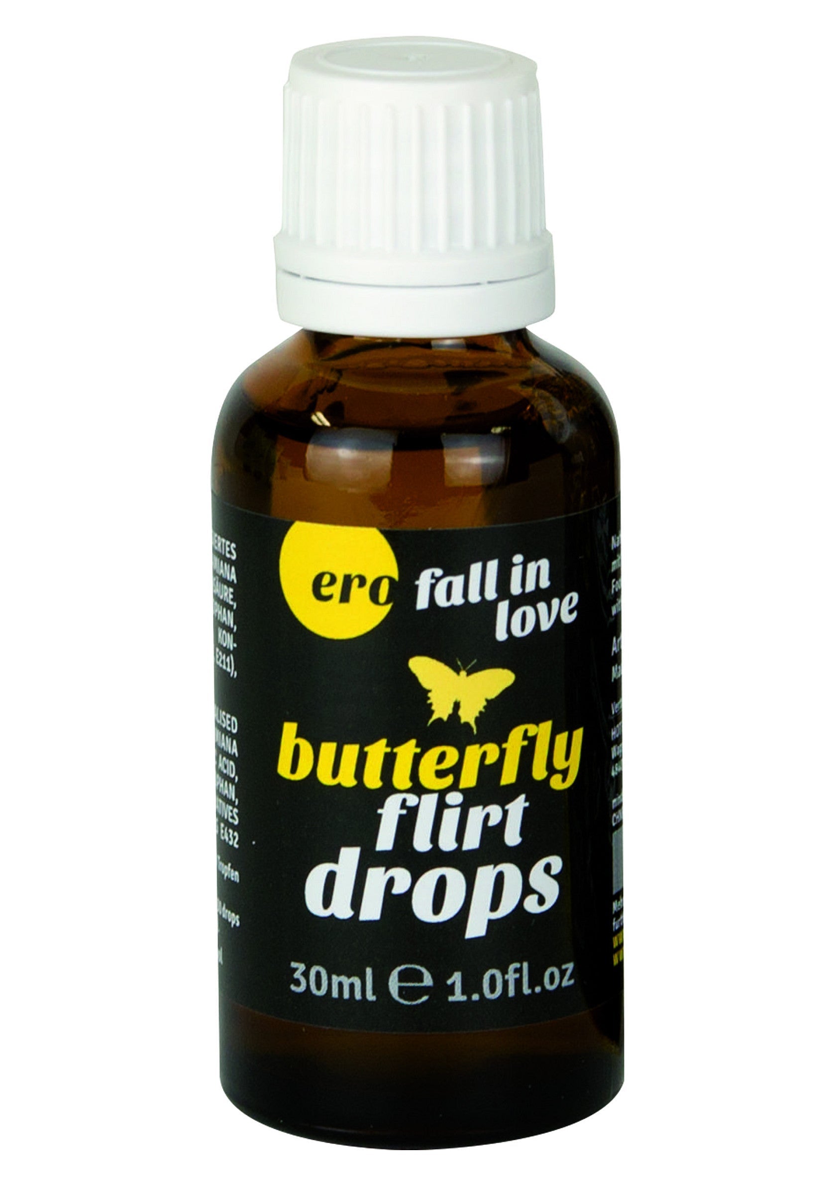 Butterfly Flirt Drops, gouttes excitantes pour plus de plaisir. Format 30ml.; Butterfly Flirt Drops, opwindende druppels voor meer plezier. 30ml formaat.; Butterfly Flirt Drops, exciting drops for more pleasure. 30ml size.