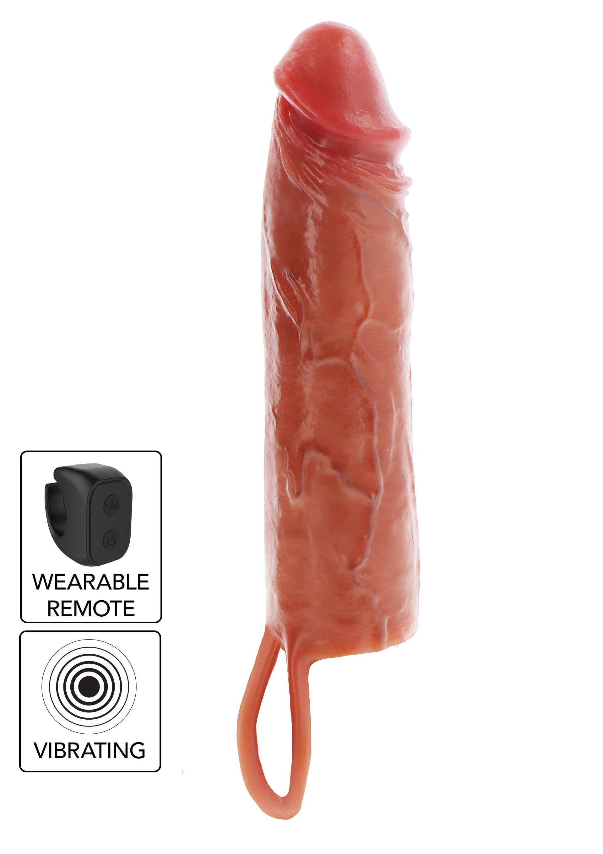 Manchon pénien vibrant réaliste avec télécommande portable pour plus de plaisir.; Realistische vibrerende peniskoker met draagbare afstandsbediening voor extra genot.; Realistic vibrating penis sleeve with wearable remote for extra pleasure.