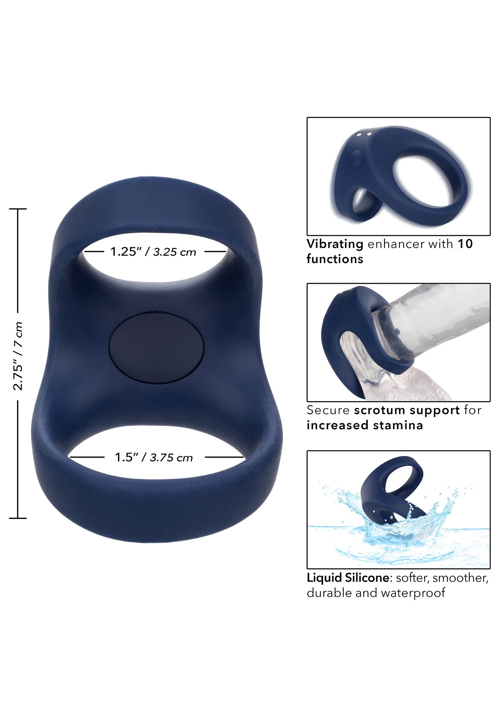 Anneau vibrant en silicone liquide pour plus de plaisir et d'endurance.; Vibrerende penisring van vloeibare siliconen voor meer plezier en uithoudingsvermogen.; Vibrating liquid silicone cock ring for enhanced pleasure and stamina.