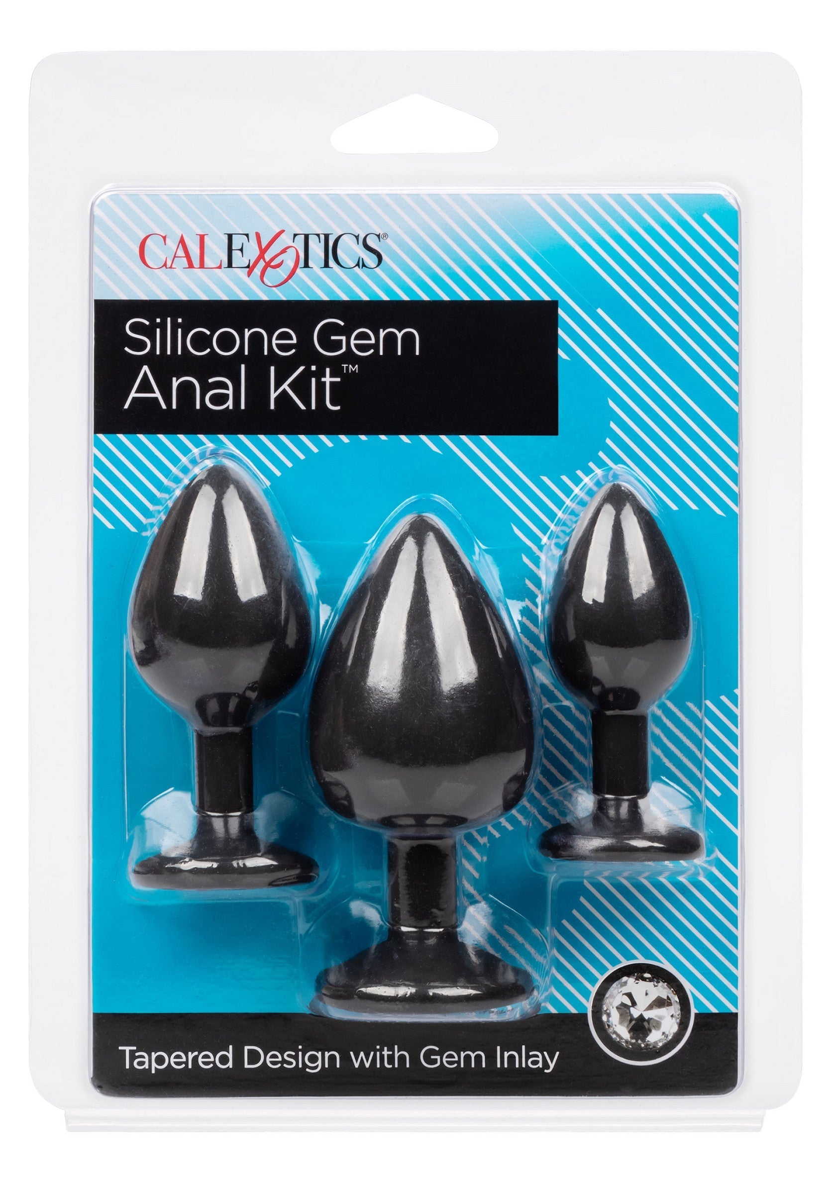 Kit anal de gemmes en silicone CalExotics : design fuselé avec incrustation de gemmes.; CalExotics Silicone Gem Anale Kit: taps toelopend ontwerp met edelsteen inleg.; CalExotics Silicone Gem Anal Kit: Tapered Design with Gem Inlay.