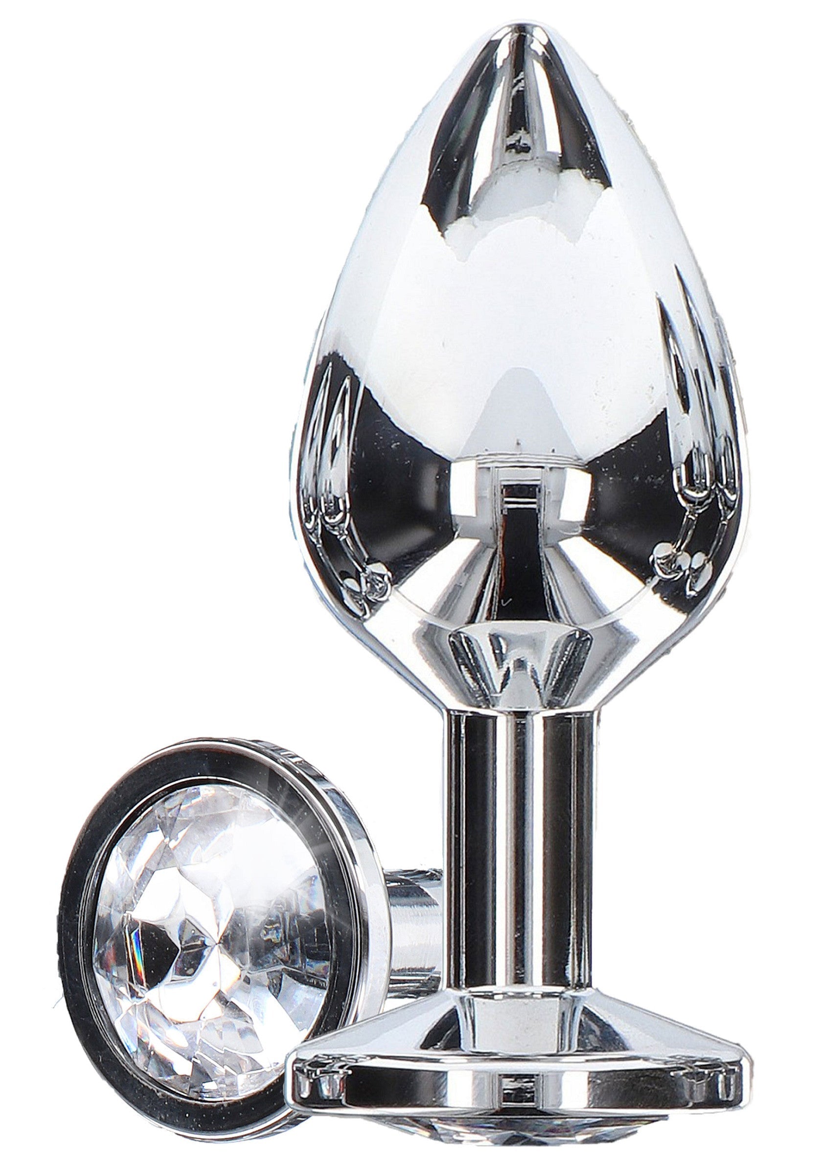 Plug anal en métal chromé avec fausse pierre précieuse. Accessoire de luxe pour le plaisir anal.; Chromen metalen anaalplug met faux edelsteen. Luxe accessoire voor anaal plezier.; Chrome metal anal plug with faux gemstone. Luxury accessory for anal pleasure.