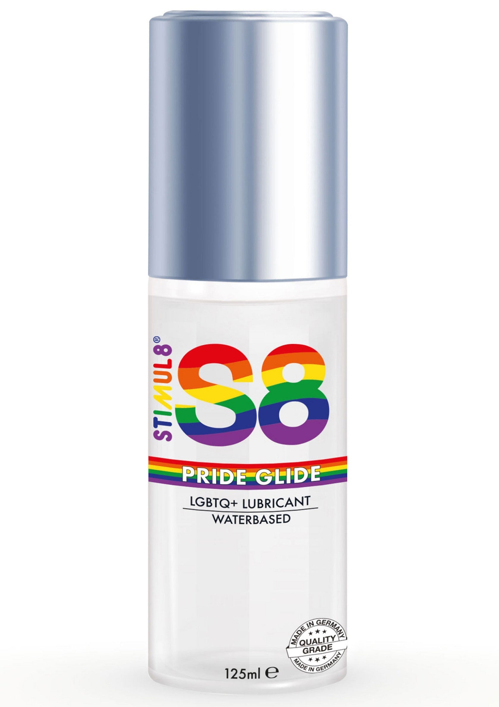 Lubrifiant à base d'eau Stimul8 S8 Pride Glide LGBTQ+ pour le plaisir et la satisfaction. Contenance : 125 ml.; Stimul8 S8 Pride Glide LGBTQ+ glijmiddel op waterbasis voor plezier en genot. Inhoud: 125 ml.; Stimul8 S8 Pride Glide LGBTQ+ water-based lubricant for pleasure and enjoyment. Volume: 125ml.