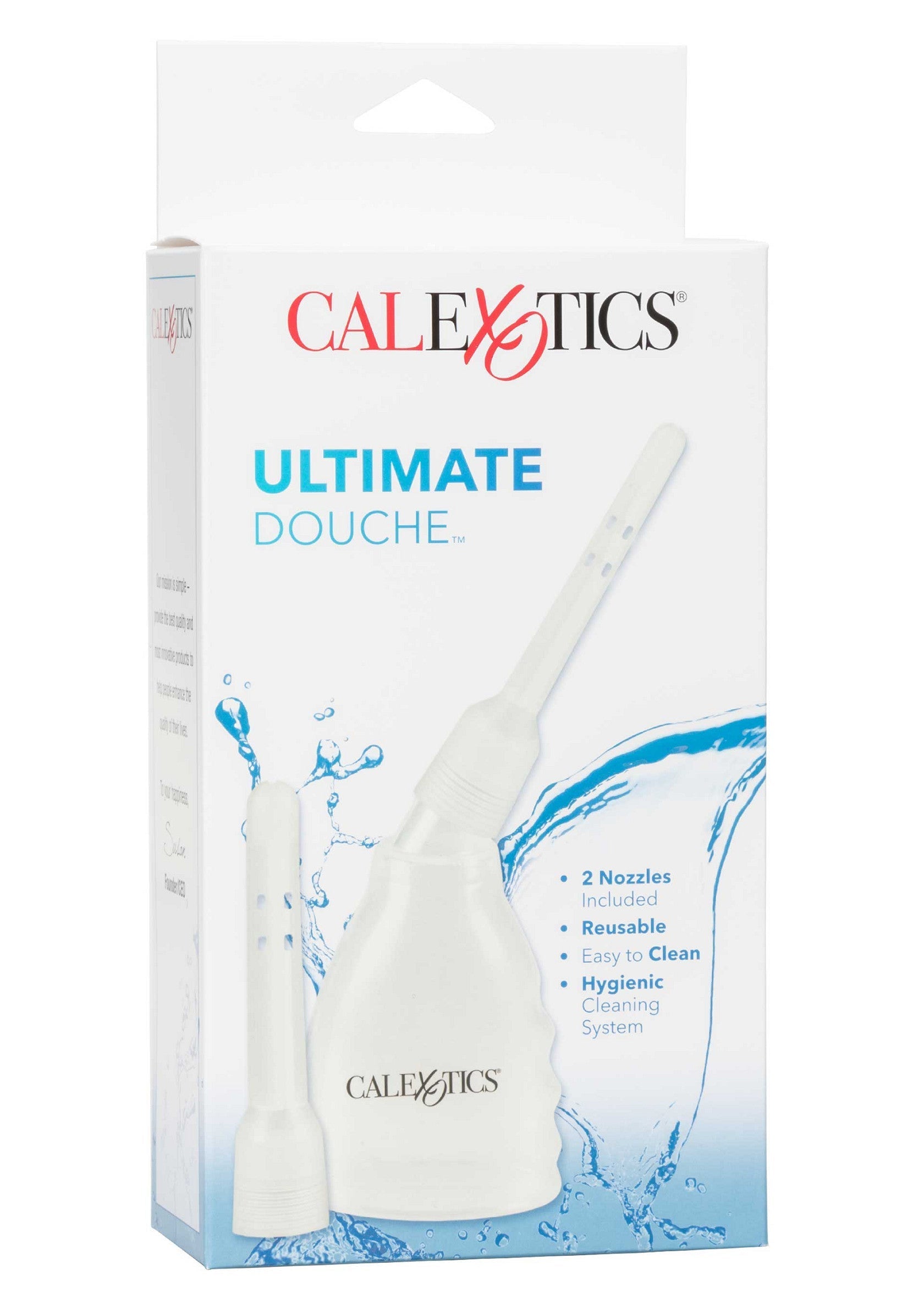 Calexotics Ultimate Douche. Kit d'hygiène intime réutilisable avec 2 embouts. Facile à nettoyer.; Calexotics Ultimate Douche. Herbruikbare vaginale doucheset met 2 spuitmonden. Makkelijk te reinigen.; Calexotics Ultimate Douche. Reusable hygiene kit with 2 nozzles. Easy to clean.