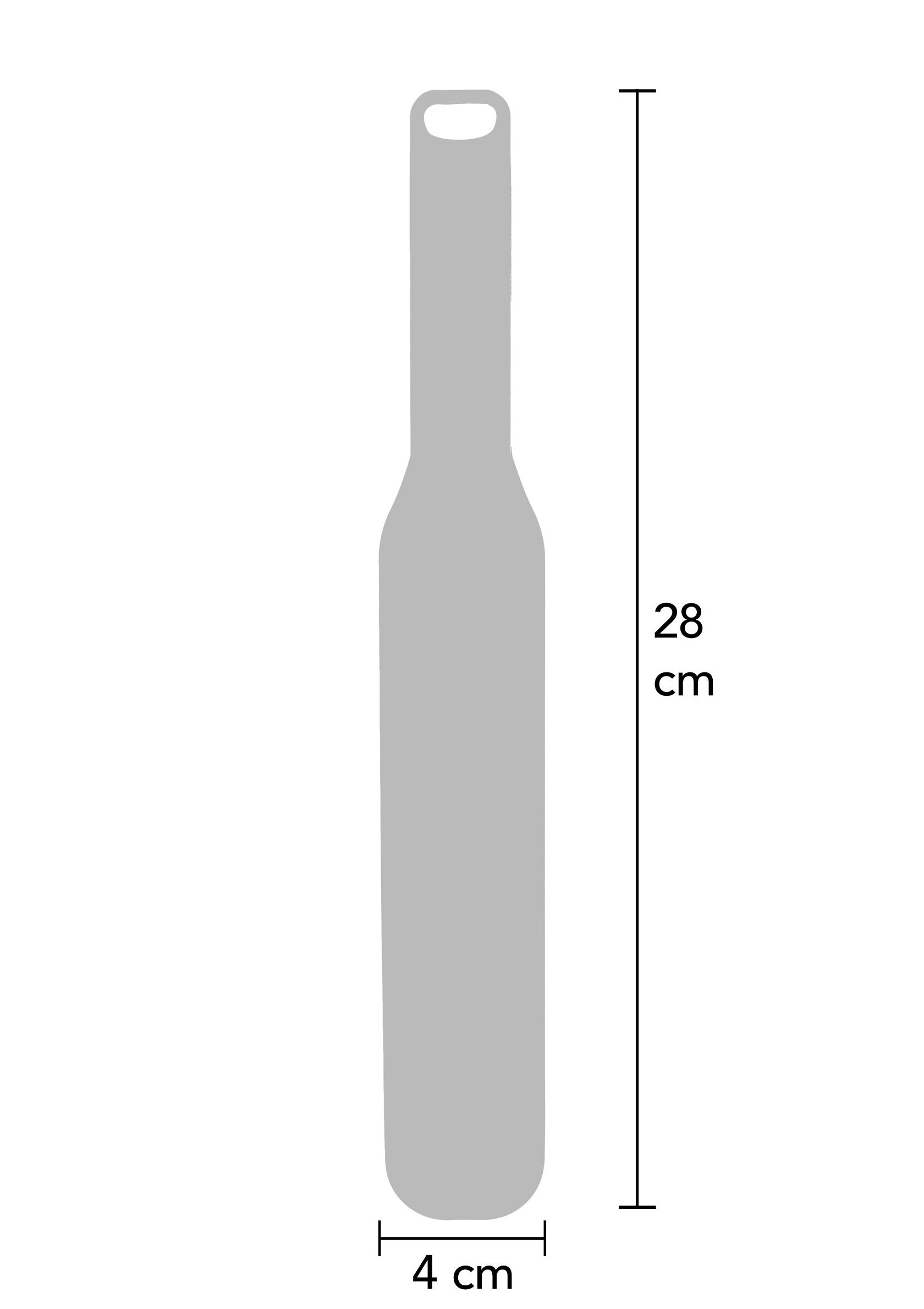 Schéma d'un ustensile long et étroit, idéal pour atteindre le fond des bouteilles. Dimensions : 28 cm x 4 cm.; Diagram van een langwerpige spatel, perfect om de bodem van flessen te bereiken. Afmetingen: 28 cm x 4 cm.; Diagram of a long, narrow utensil perfect for reaching the bottom of bottles. Dimensions: 28 cm x 4 cm.