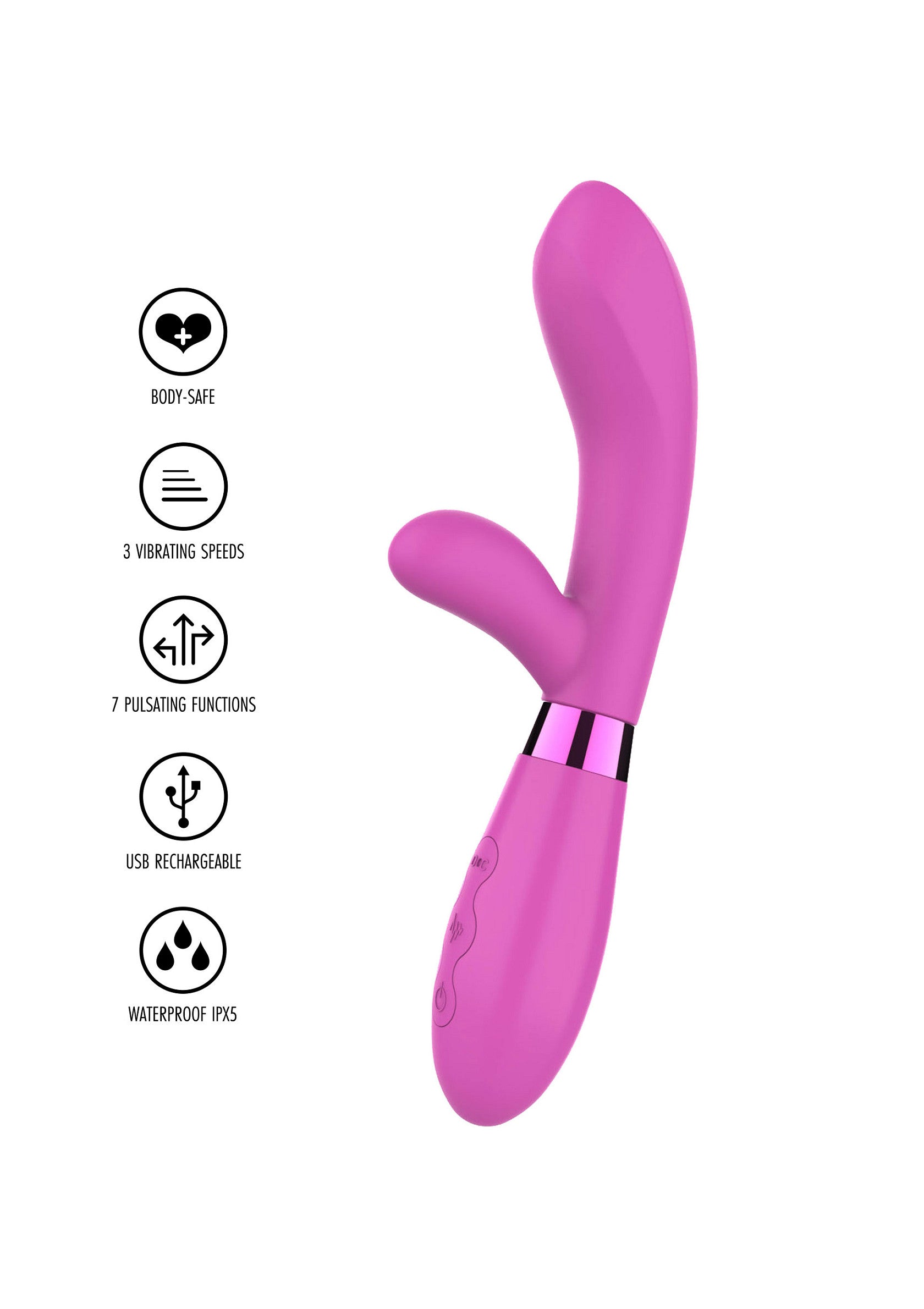 Vibromasseur rose avec 3 vitesses et 7 fonctions, rechargeable USB et étanche IPX5.; Roze vibrator met 3 snelheden en 7 functies, USB oplaadbaar en IPX5 waterdicht.; Pink vibrator with 3 speeds & 7 functions, USB rechargeable, and IPX5 waterproof.