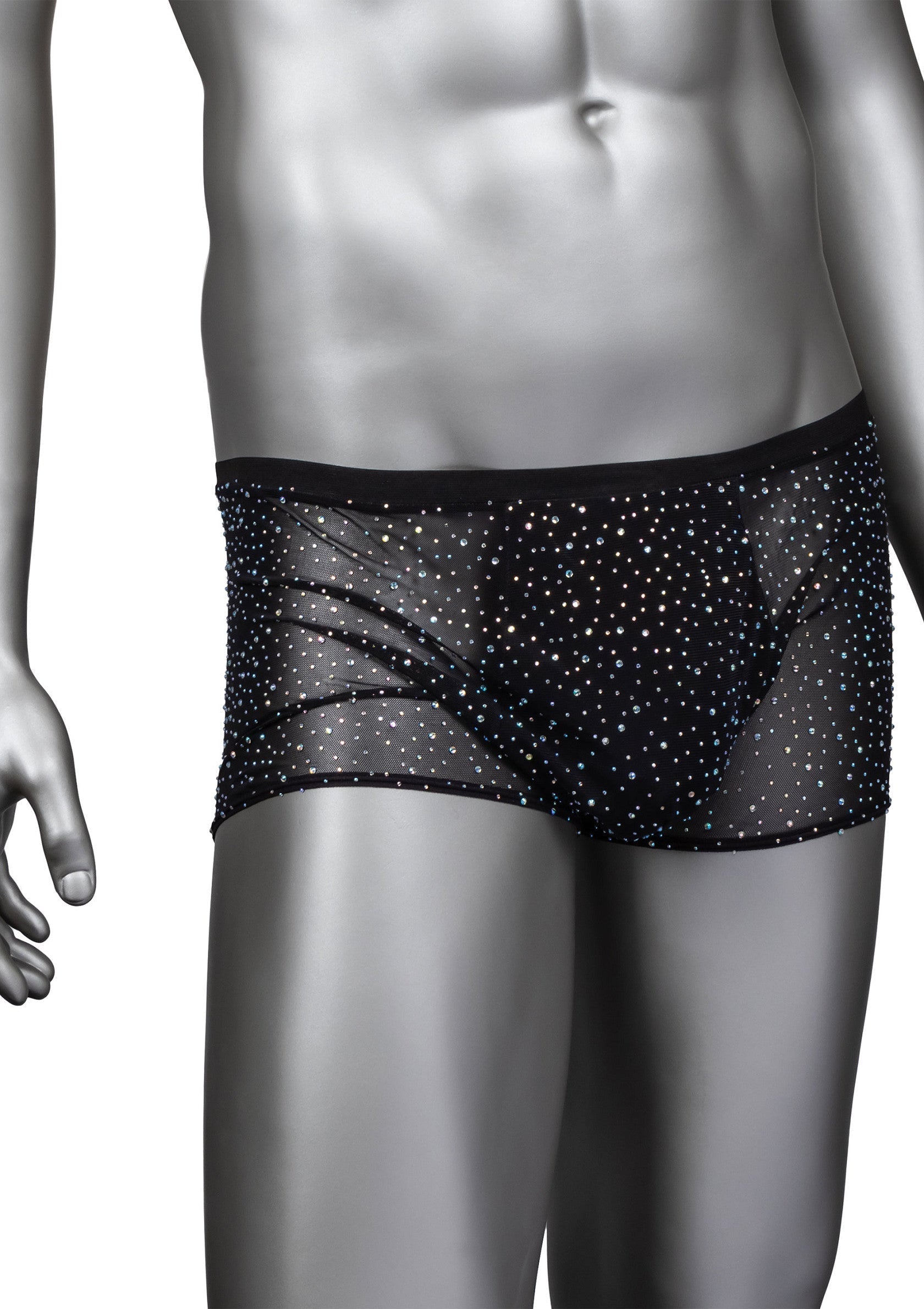 Boxer noir transparent orné de strass brillants pour homme. Sexy et élégant. ; Zwarte, transparante boxer bezaaid met strass steentjes voor heren. Sexy en stijlvol.; Men's black sheer boxer shorts with sparkling rhinestones. Sexy and stylish.