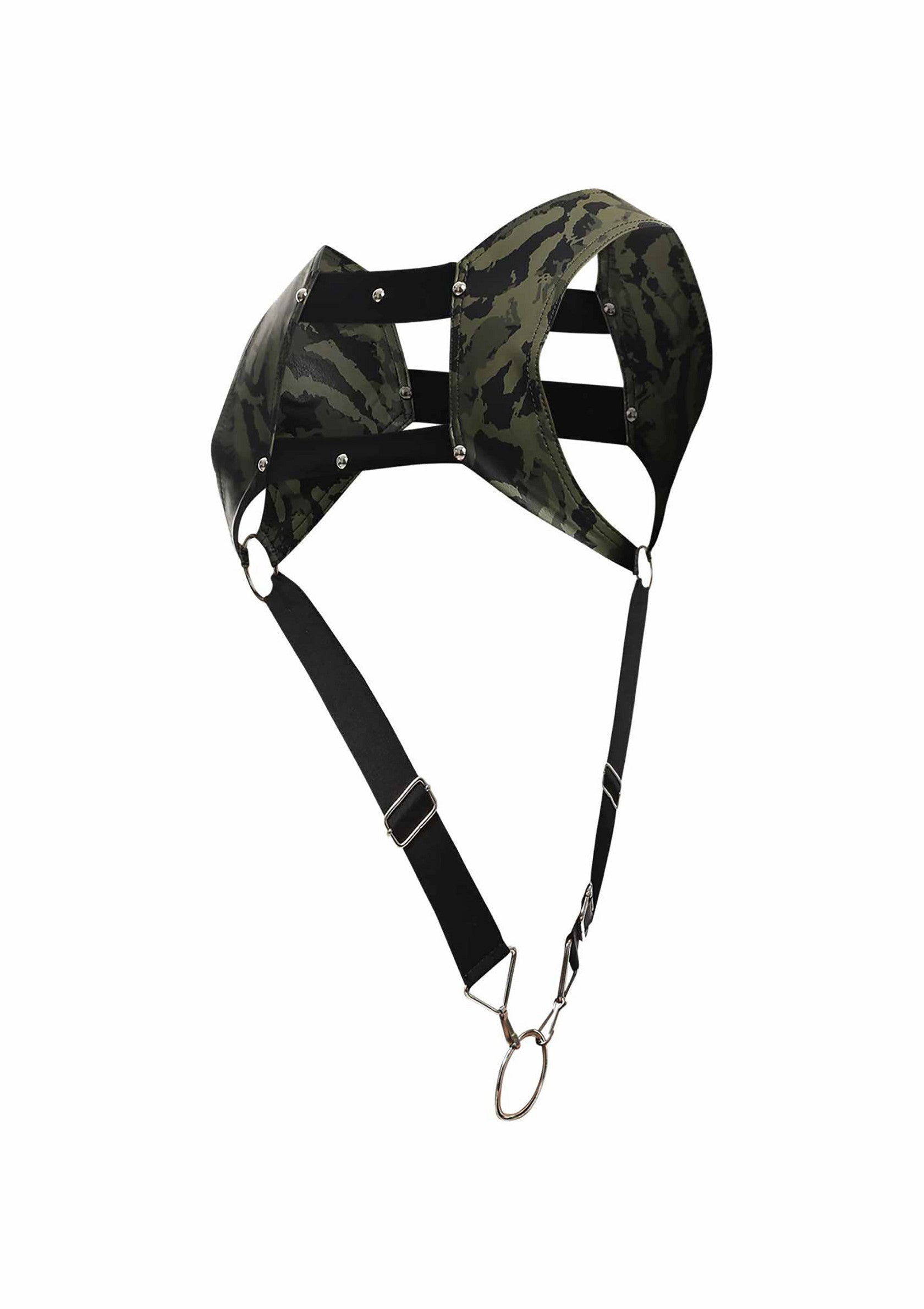 Harnais de corps camouflage avec bretelles réglables, parfait pour un look audacieux et tendance.; Camouflage body harnas met verstelbare bandjes, perfect voor een gedurfde en trendy look.; Camouflage body harness with adjustable straps, perfect for a bold and trendy look.