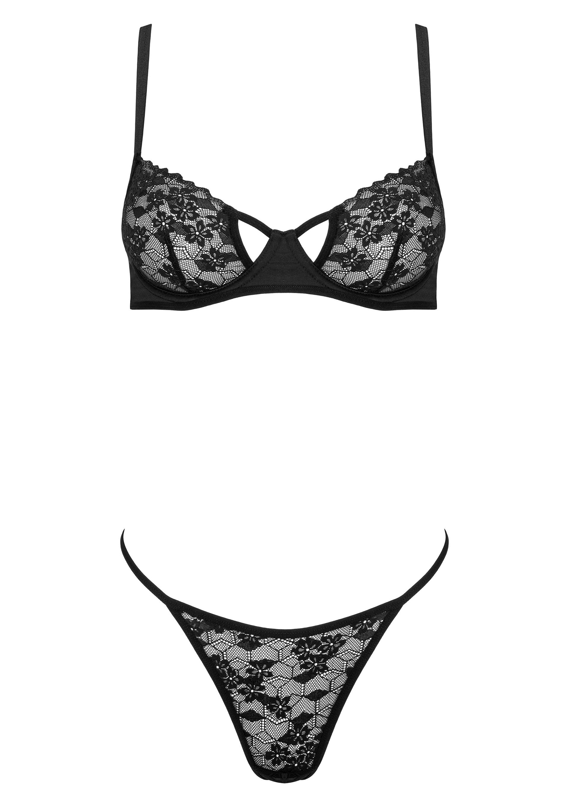 Ensemble de lingerie noir en dentelle florale comprenant un soutien-gorge et un string.; Zwarte lingerie set van bloemenkant bestaande uit een bh en een string.; Black lingerie set of floral lace consisting of a bra and thong.
