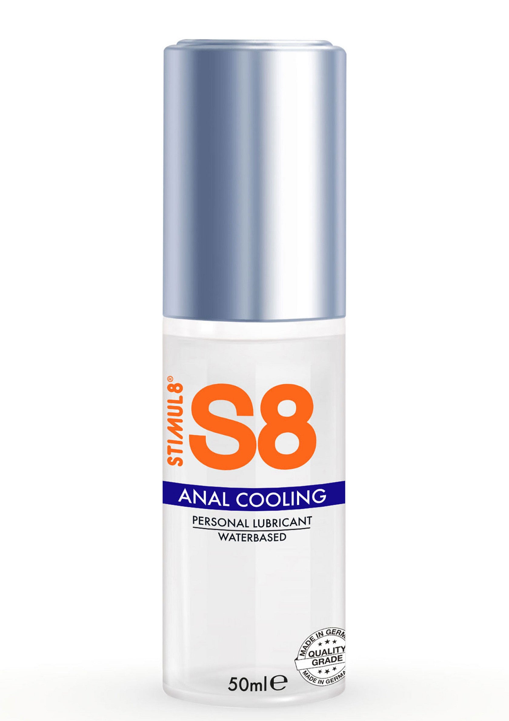 Lubrifiant anal rafraîchissant S8 Stimul8. Formule à base d'eau pour un confort optimal. 50ml.; Stimul8 S8 verkoelend anaal glijmiddel. Waterbasis formule voor optimaal comfort. 50ml.; Stimul8 S8 anal cooling lubricant. Water-based formula for optimal comfort. 50ml.