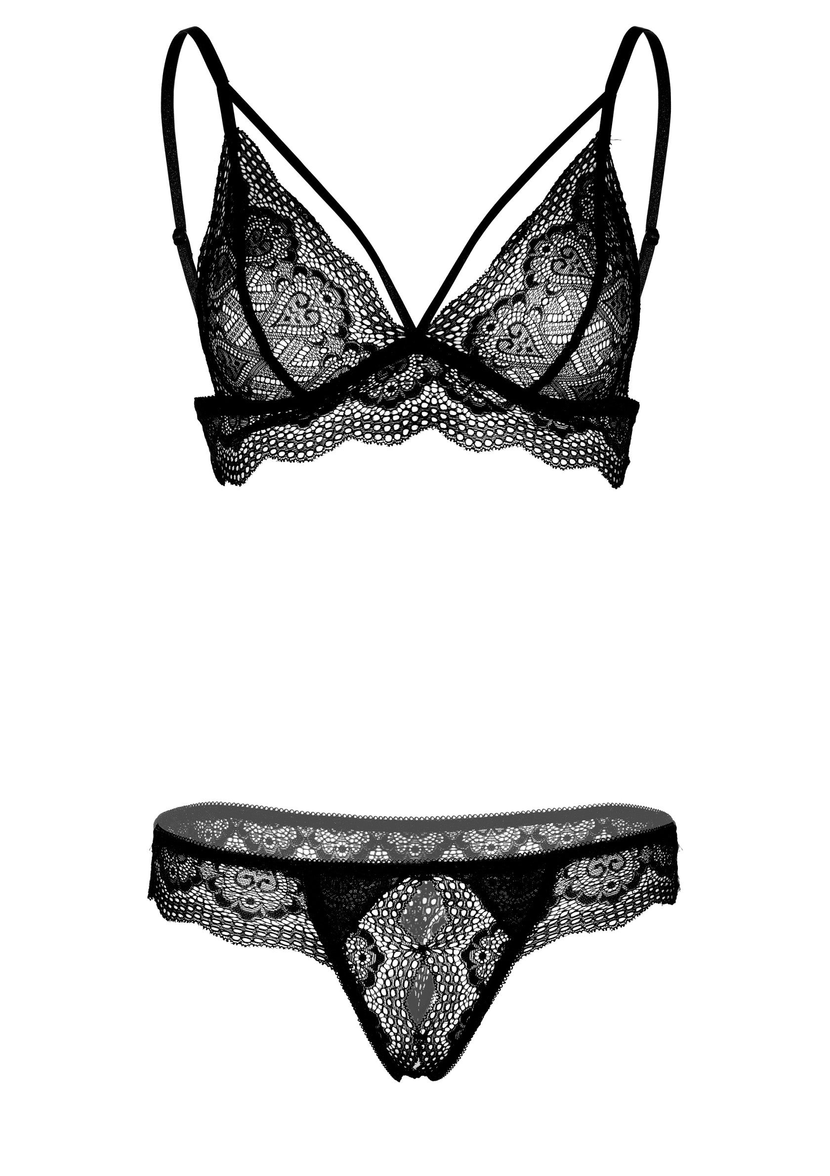Ensemble de lingerie noire en dentelle délicate, soutien-gorge et culotte assortis. Élégance et sensualité garanties.; Zwarte lingerie set van delicaat kant, bijpassende beha en slip. Gegarandeerde elegantie en sensualiteit.; Delicate black lace lingerie set, matching bra and panty. Elegance and sensuality guaranteed.