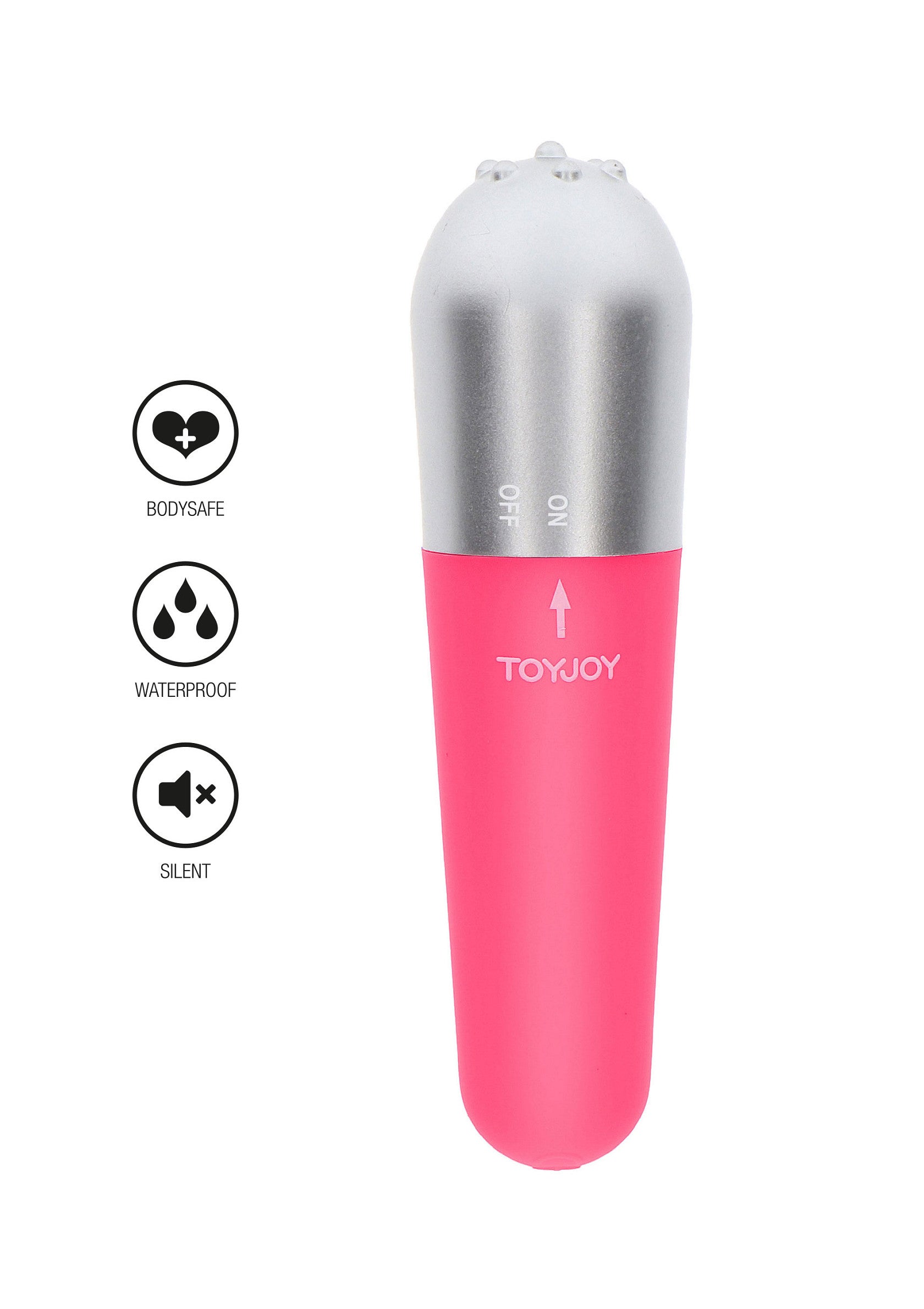 Masseur vibrant rose et argenté, étanche, silencieux et sûr pour le corps. Le plaisir discret et intense garanti !; Roze en zilveren vibrerende stimulator, waterdicht, stil en veilig voor het lichaam. Discreet en intens genot gegarandeerd!; Pink and silver vibrating massager, waterproof, silent and body-safe. Discreet and intense pleasure guaranteed!