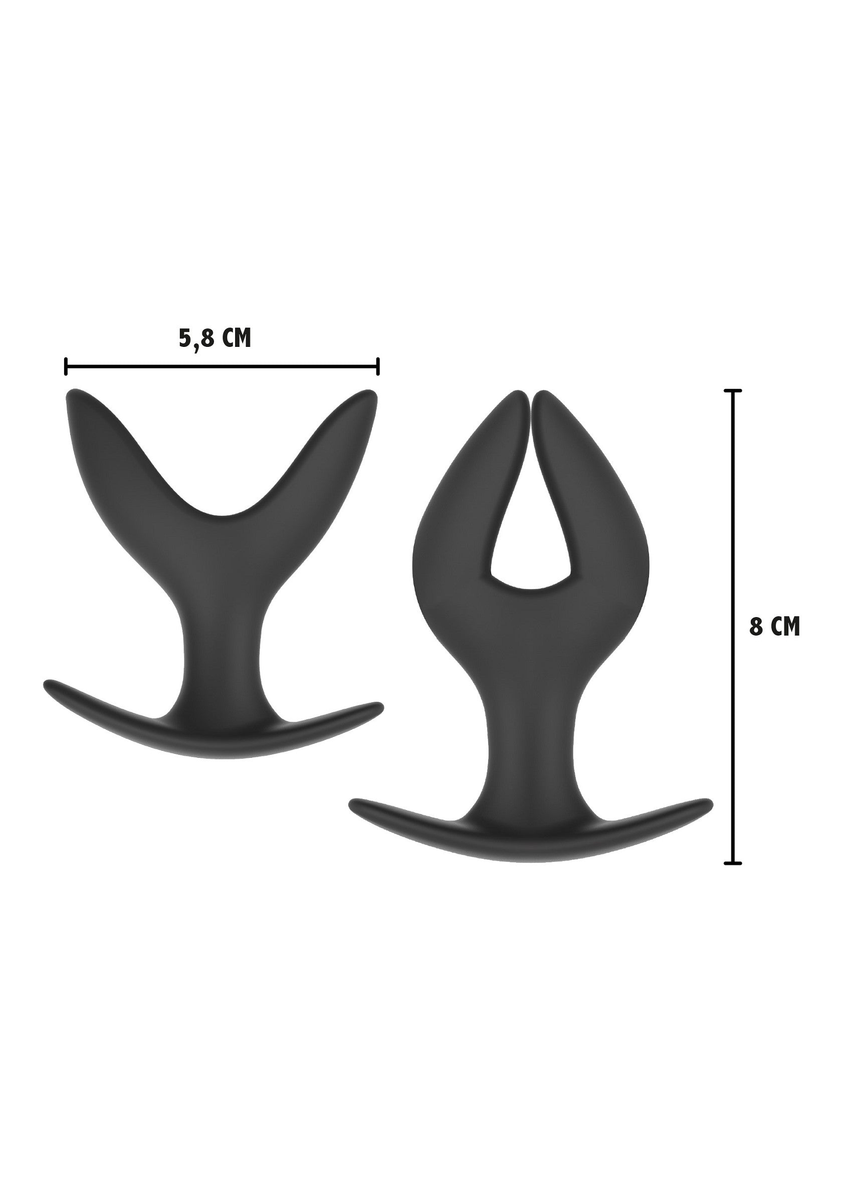 Deux plugs anaux noirs avec les dimensions indiquées, pour plus de plaisir et de confort.; Twee zwarte anale plugs met de aangegeven afmetingen, voor extra plezier en comfort.; Two black anal plugs with dimensions, for extra pleasure and comfort.
