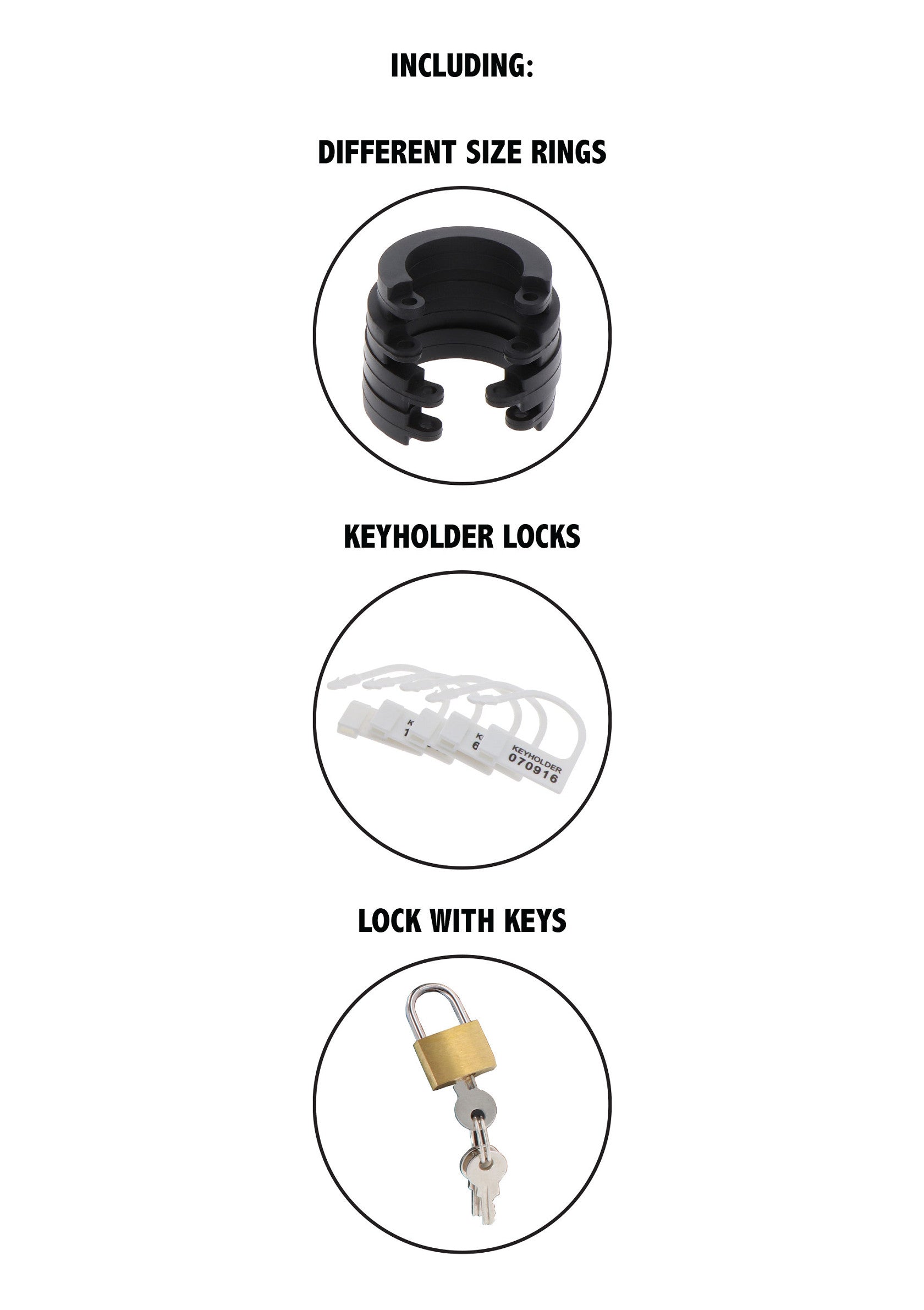 Ensemble de sécurité incluant bagues de différentes tailles, serrures porte-clés et cadenas avec clés.; Veiligheidsset inclusief ringen in verschillende maten, sleutelhanger sloten en slot met sleutels.; Security set including different size rings, keyholder locks, and lock with keys.