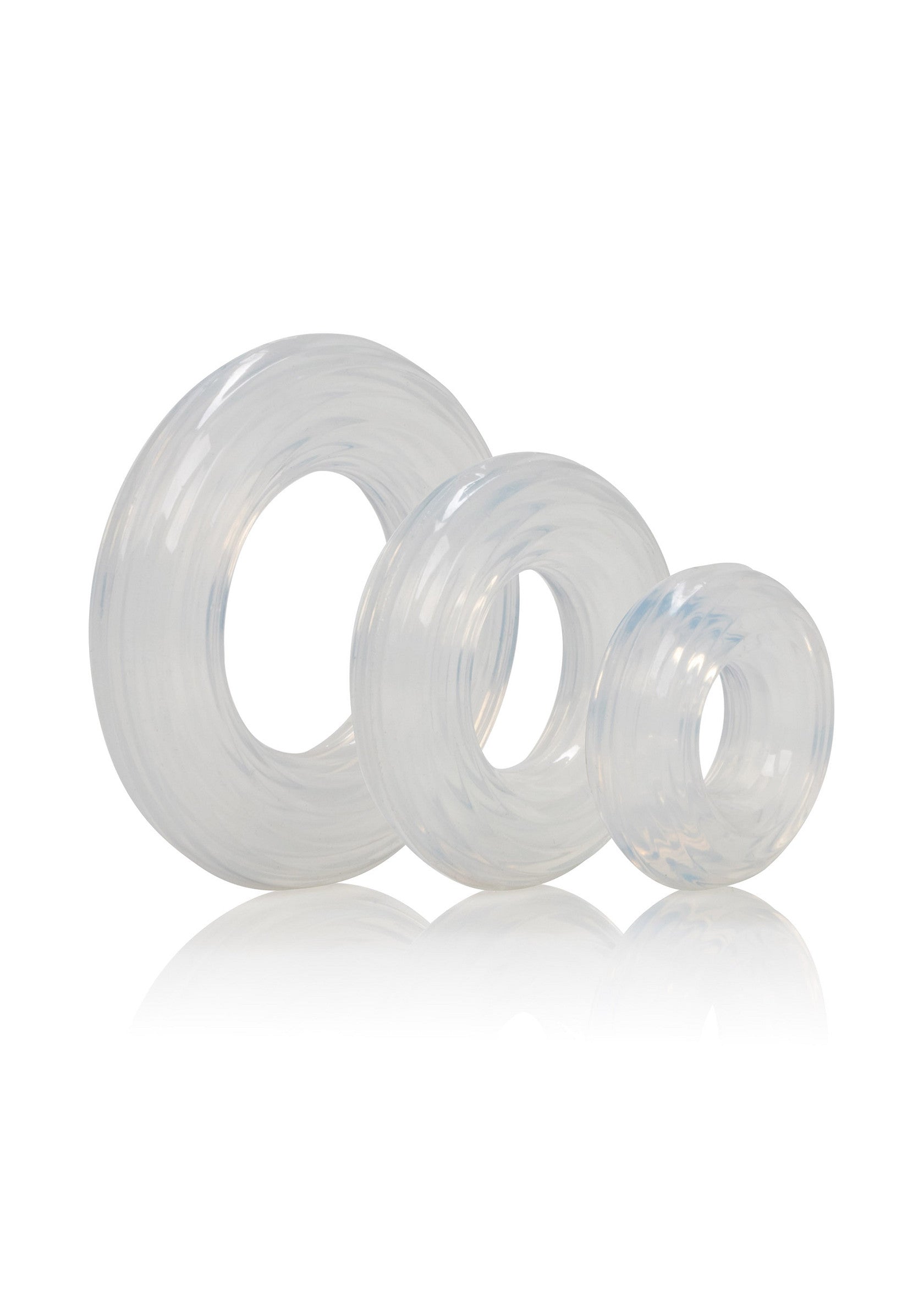 Ensemble d'anneaux péniens transparents pour plus de plaisir et d'endurance.; Set transparante penisringen voor meer plezier en uithoudingsvermogen.; Set of transparent cock rings for enhanced pleasure & endurance.