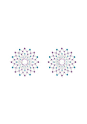 Boucles d'oreilles mandala violet et bleu étincelantes, élégance bohème.; Schitterende paarse en blauwe mandala oorbellen, bohemien elegantie.; Sparkling purple and blue mandala earrings, bohemian elegance.