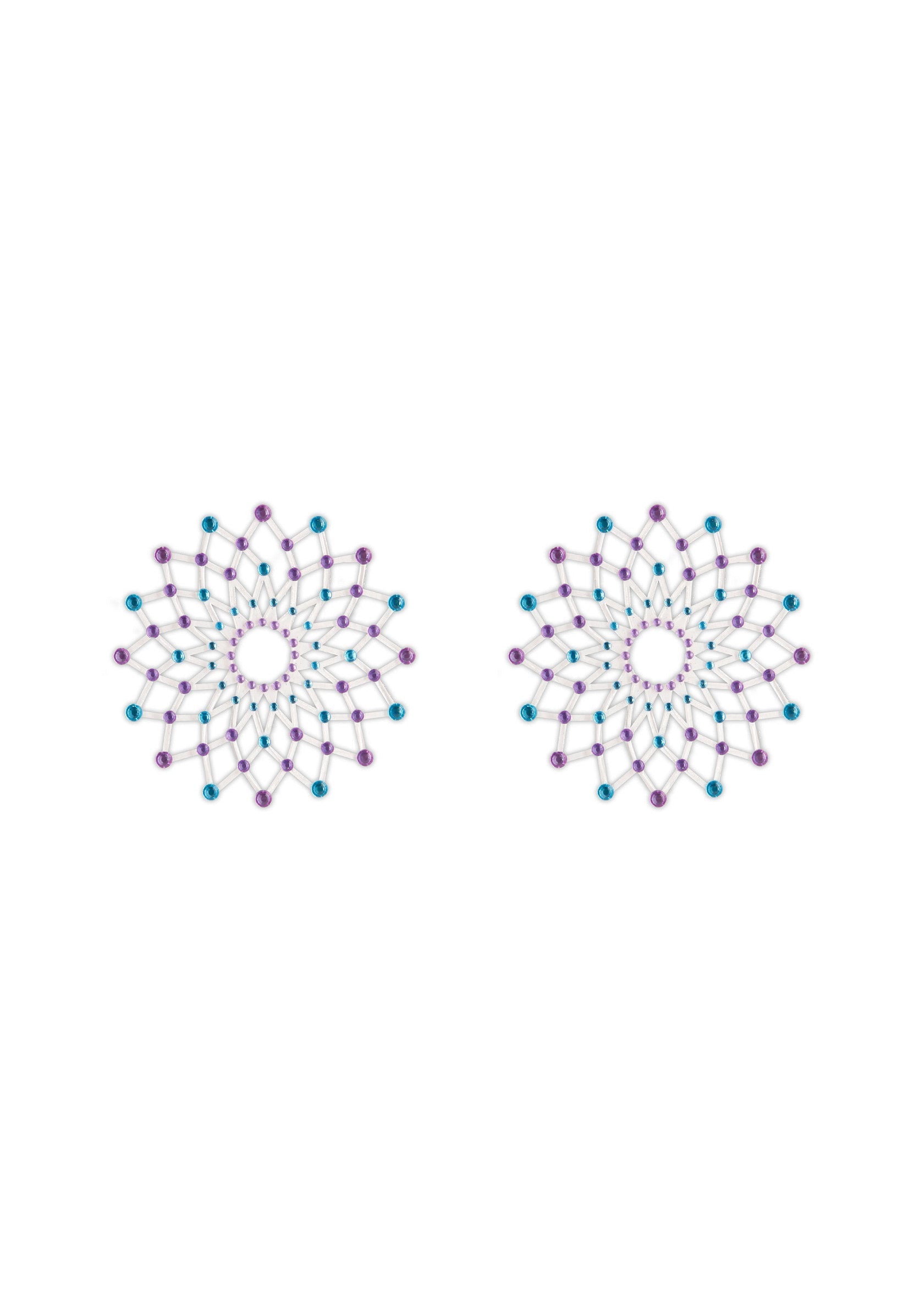 Boucles d'oreilles mandala violet et bleu étincelantes, élégance bohème.; Schitterende paarse en blauwe mandala oorbellen, bohemien elegantie.; Sparkling purple and blue mandala earrings, bohemian elegance.