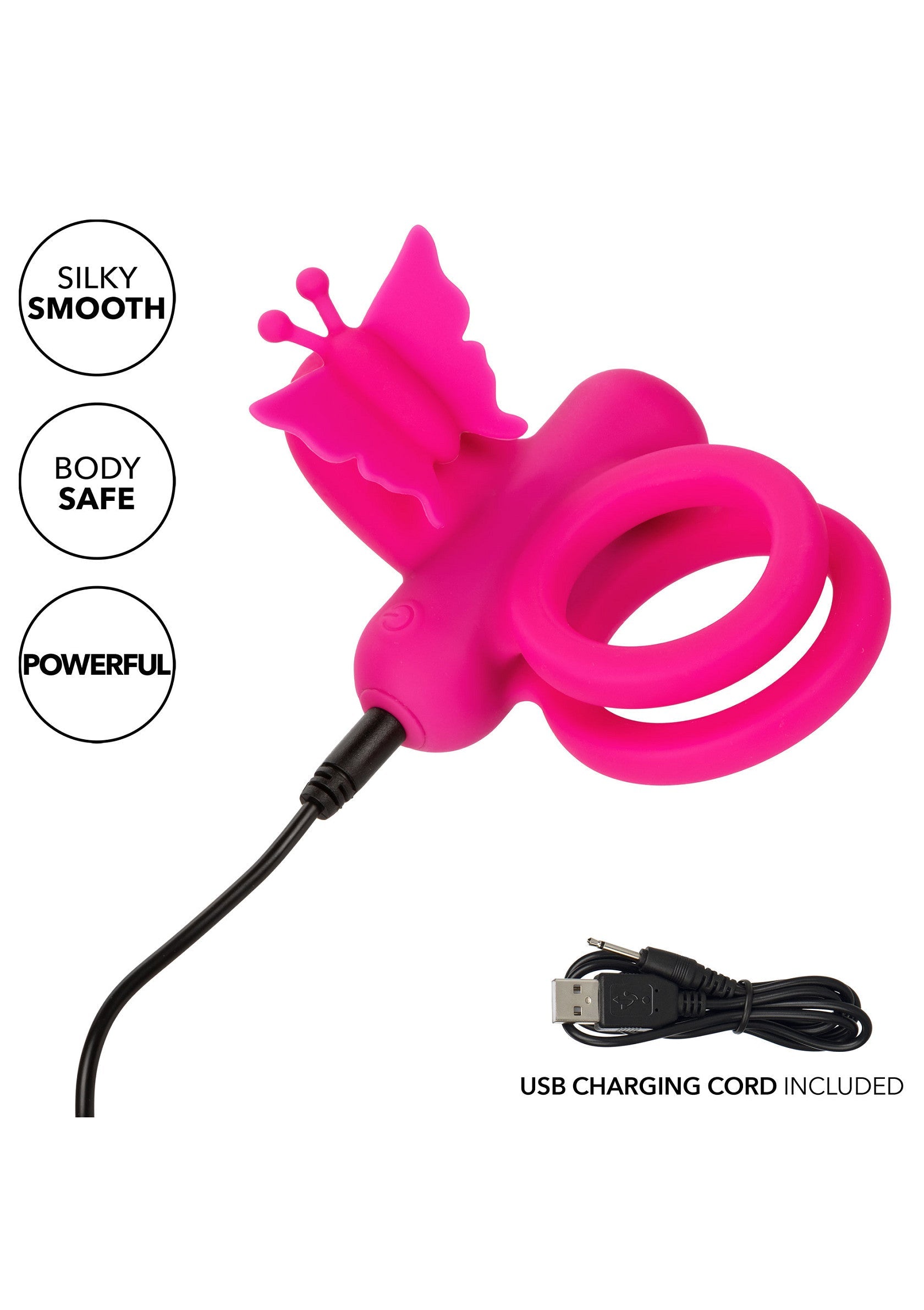Vibromasseur vibrant rose avec motif papillon et câble USB inclus. Puissant, lisse et sûr pour le corps.; Roze vibrerende vibrator met vlindermotief en meegeleverde USB-kabel. Krachtig, glad en veilig voor het lichaam.; Pink vibrating vibrator with butterfly design & included USB cable. Powerful, silky smooth & body safe fun.