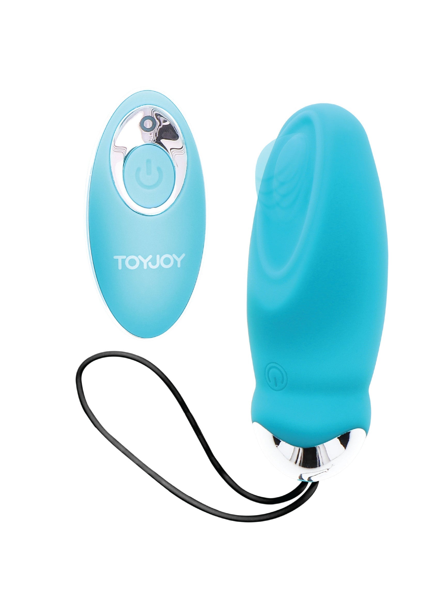 Vibrateur turquoise ToyJoy avec télécommande pour une stimulation précise et intense.; Turquoise ToyJoy vibrator met afstandsbediening voor nauwkeurige en intense stimulatie.; Turquoise ToyJoy vibrator with remote control for precise and intense stimulation.