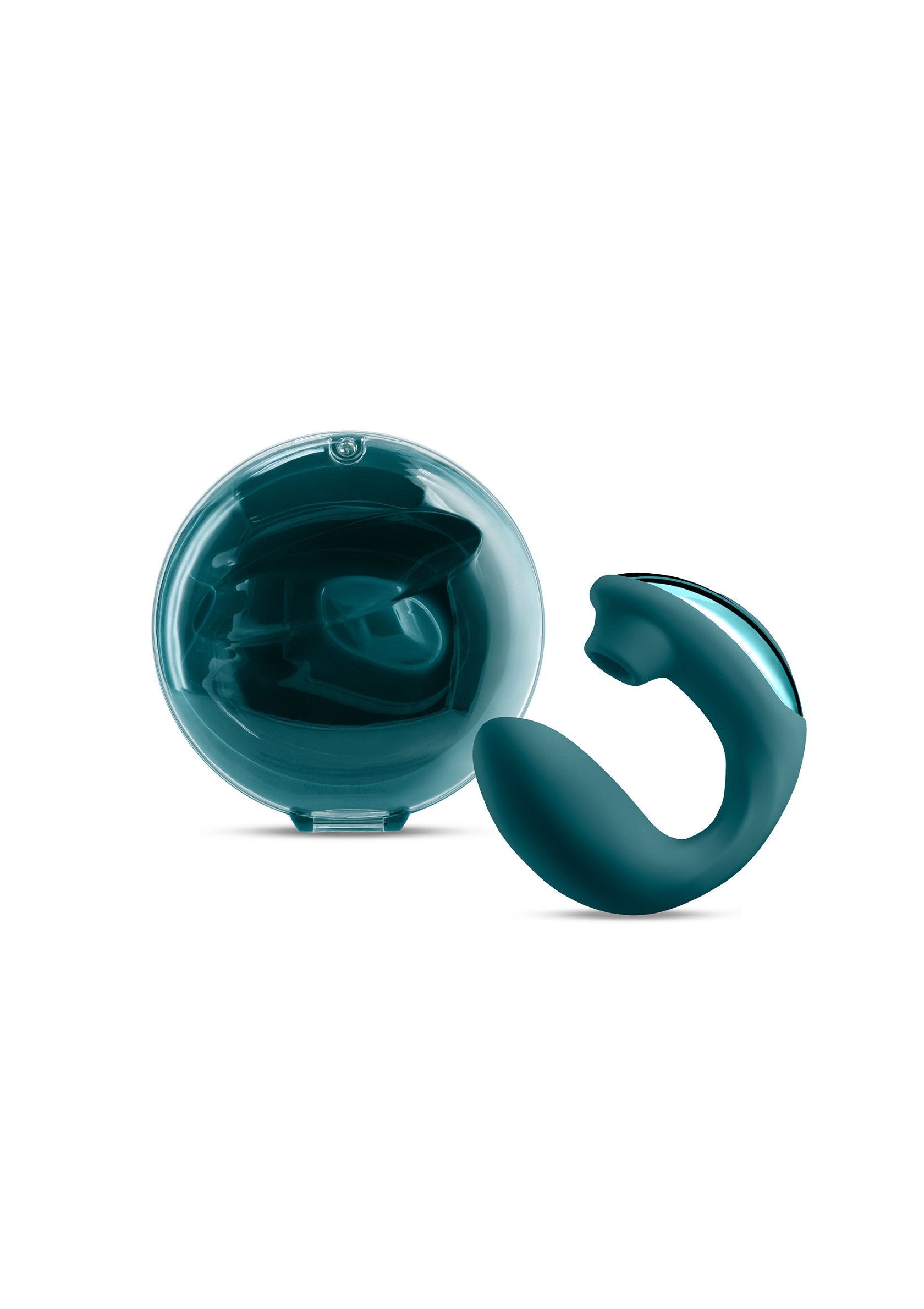 Masseur personnel bleu sarcelle avec son étui de rangement. Plaisir, bien-être, et discrétion garantis. ; Teal kleurige persoonlijke stimulator met opbergdoosje. Plezier, welzijn en discretie gegarandeerd.; Teal personal massager with storage case. Pleasure, wellness, and discretion guaranteed.