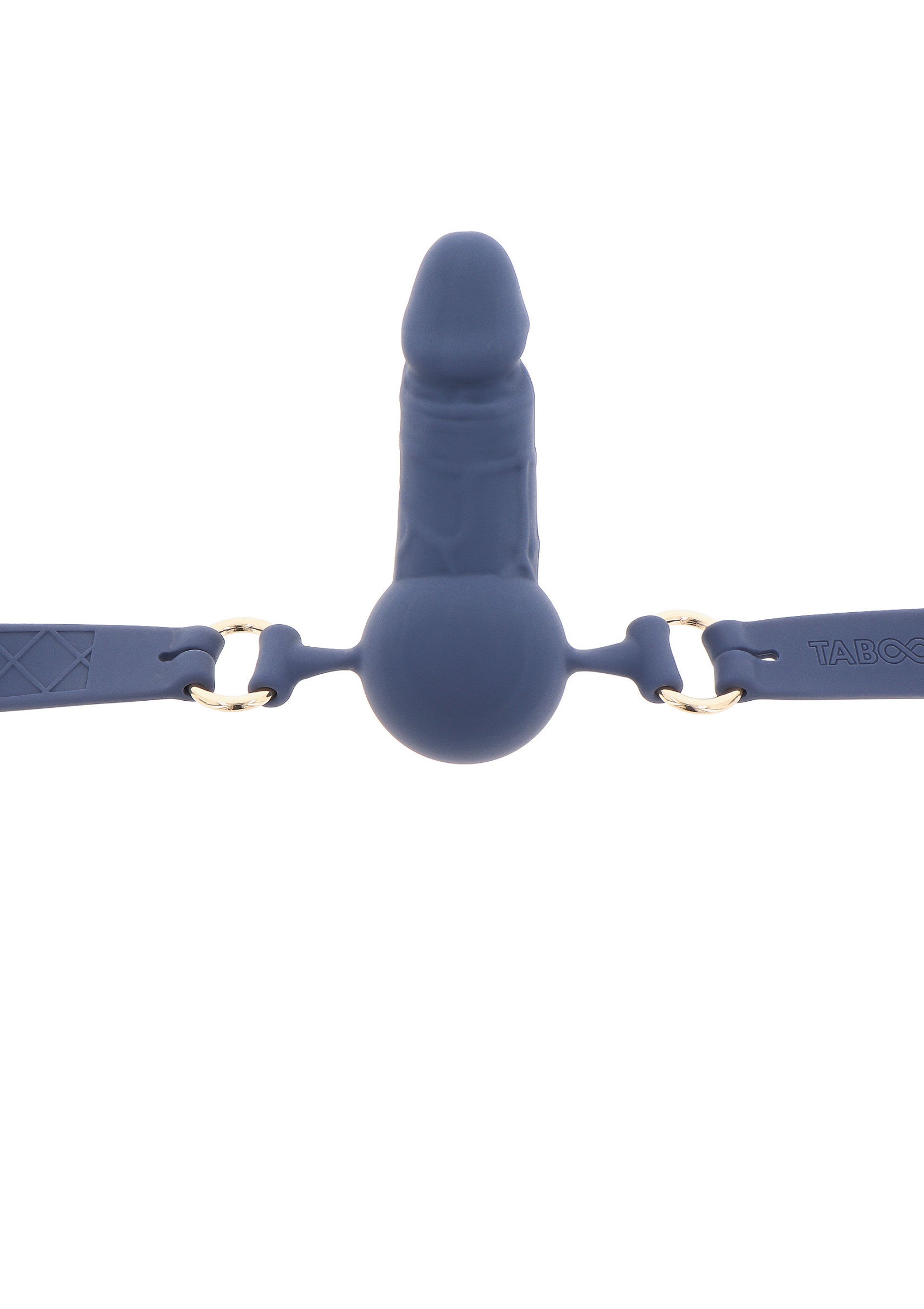 Harnais en silicone bleu avec anneaux dorés pour plaisir intime.; Blauw siliconen harnas met gouden ringen voor intiem plezier.; Blue silicone harness with gold rings for intimate pleasure.